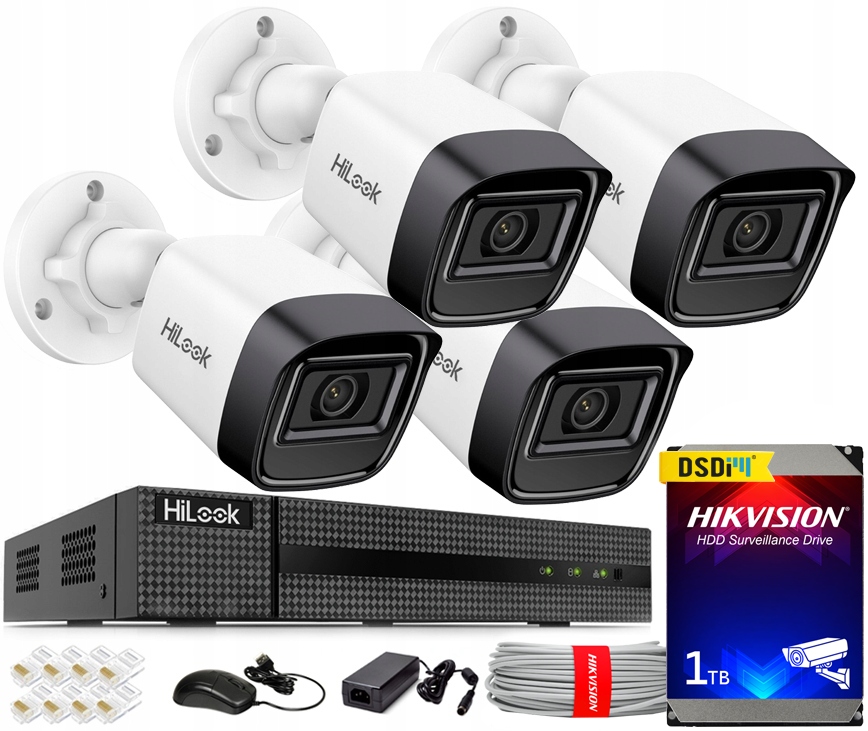 ZESTAW MONITORINGU IP 4 KAMERY 4MPX 2K+ IR20M HILOOK HIKVISION POE 1TB HDD
