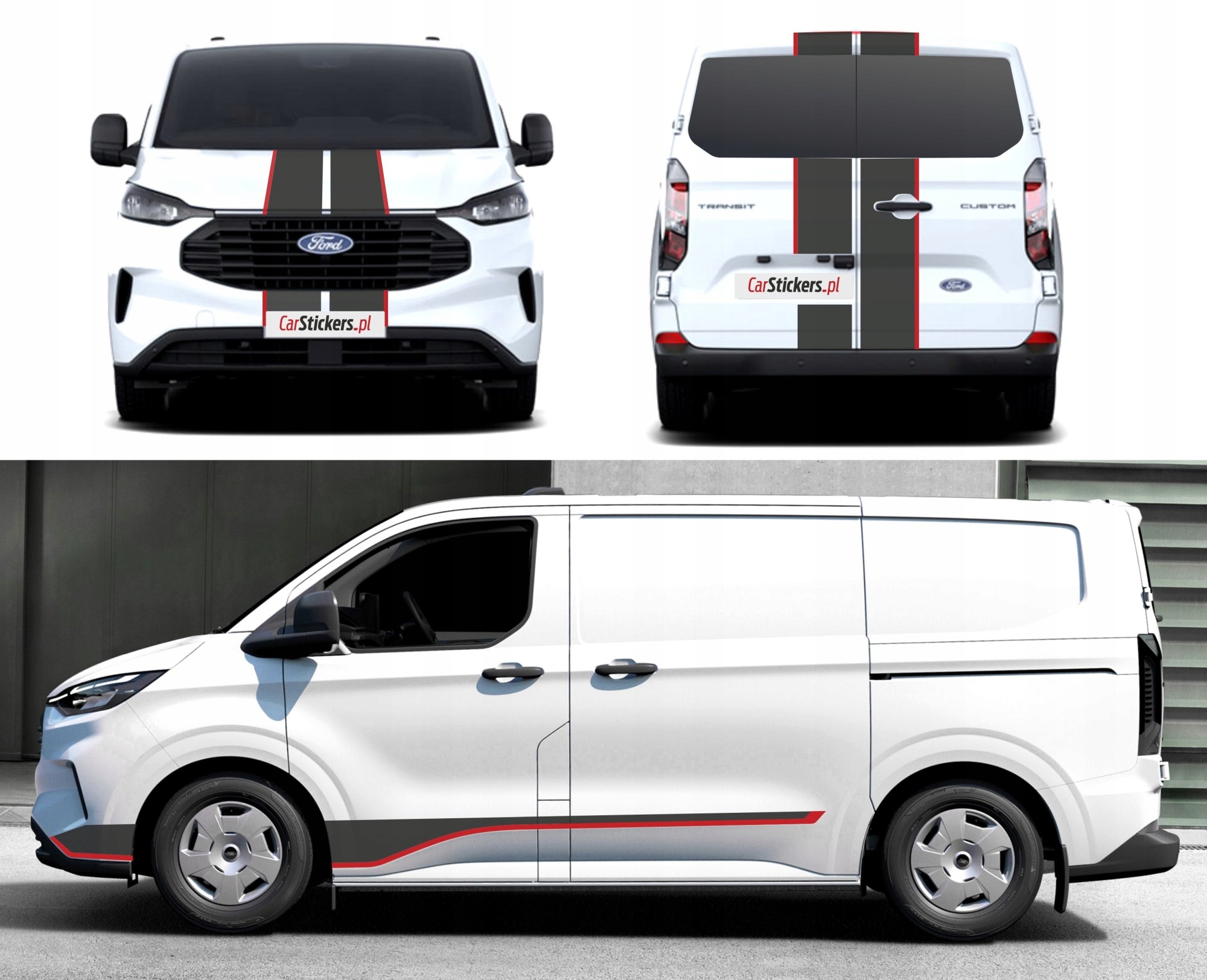 Samolepky na nový Ford Custom 2024, boky kapoty a zadní dveře křídla