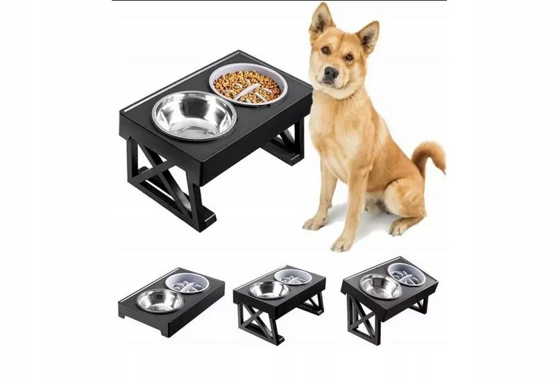 Dvojitá Miska Pro Psa Kočku Stolek Nastavitelný Velký Kovový, Protiskluzový