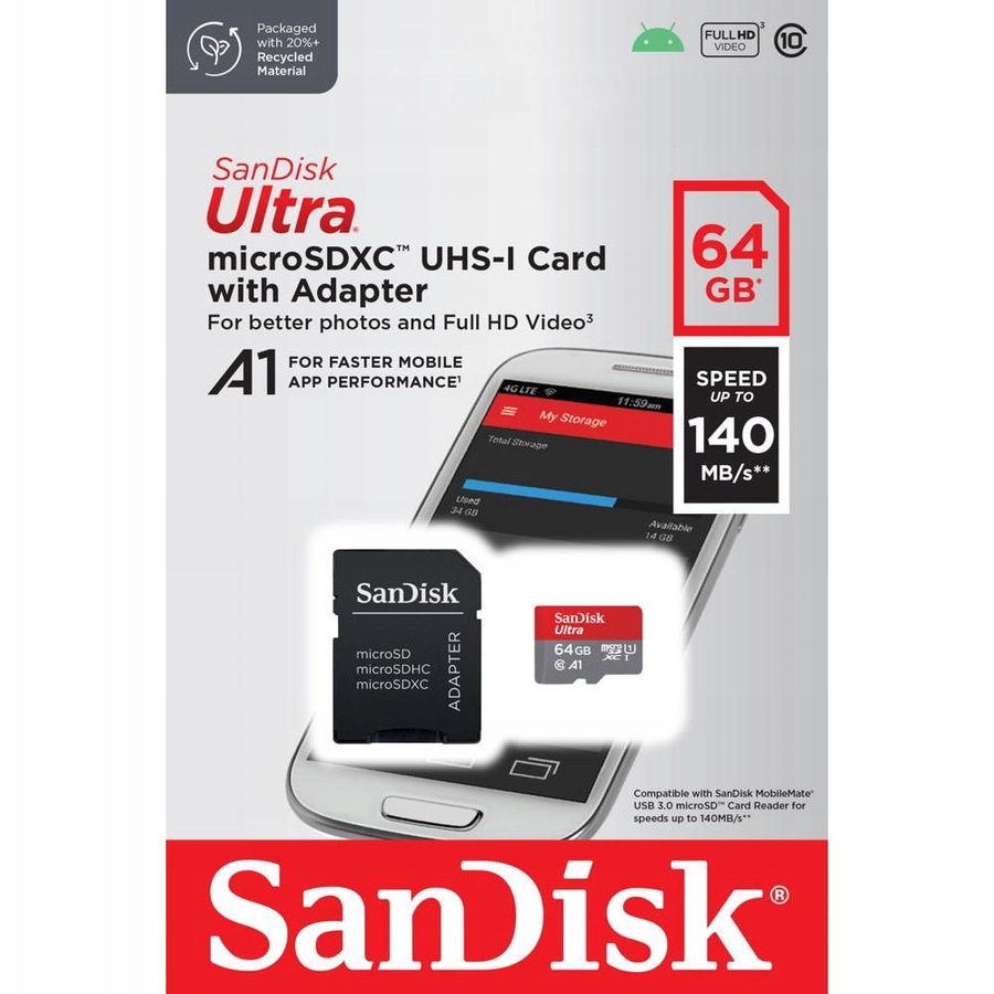SanDisk paměťová karta Ultra Android microSDXC 64GB 140MB/s A1 Cl.10 Uhs-i adaptér