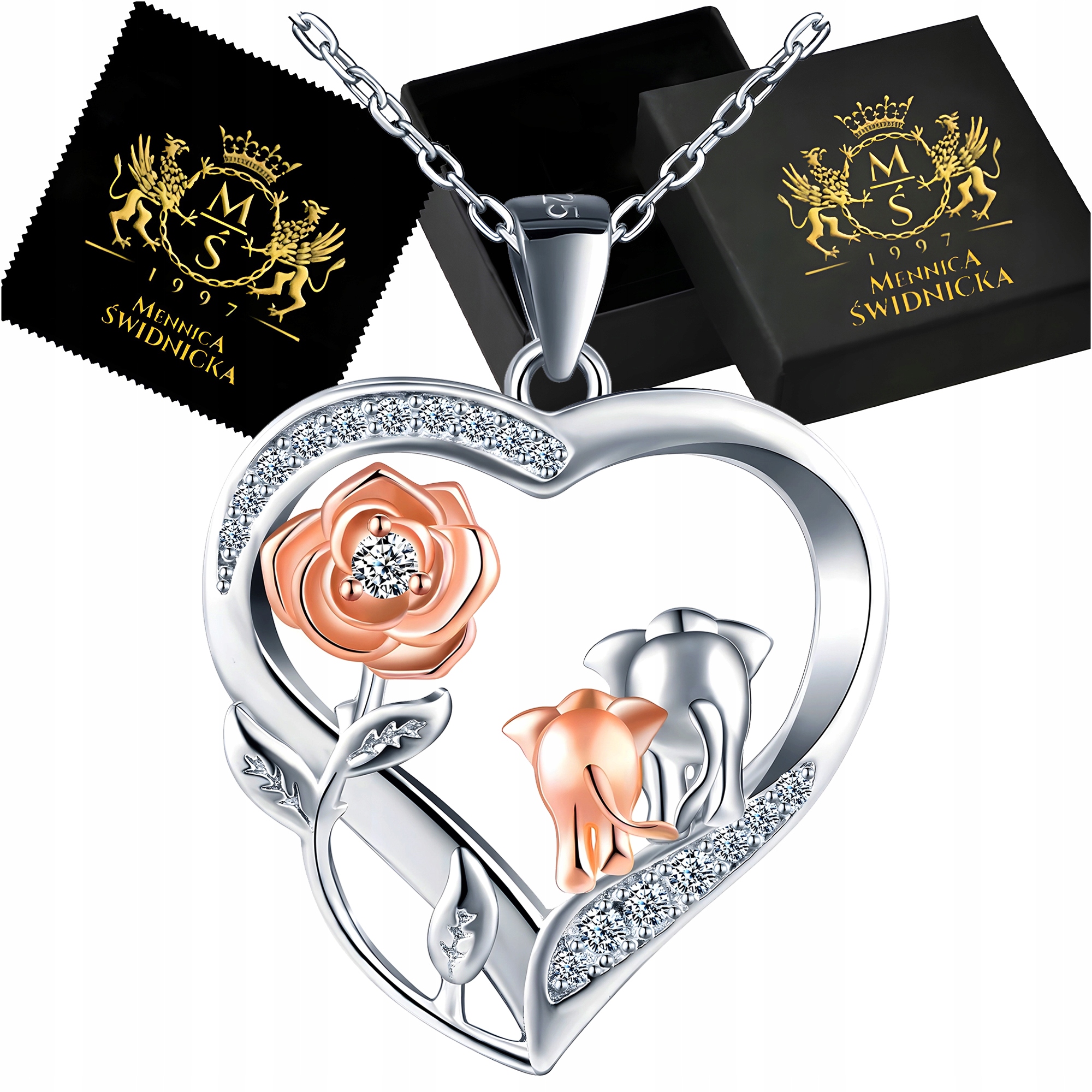 Stříbrný náhrdelník 925 Sloni Srdce s zirkony – dárek ke Dni matek