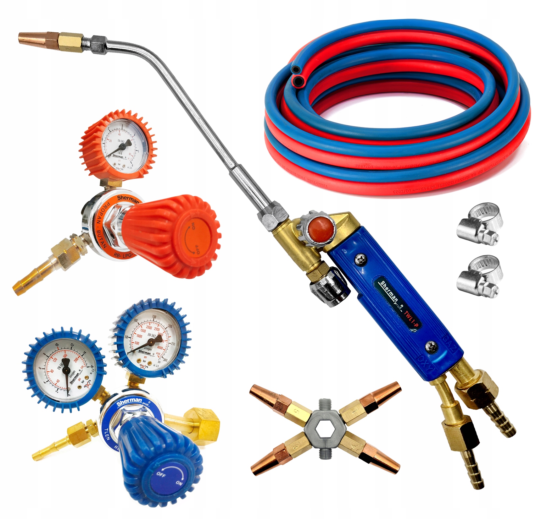 Palnik do lutowania propan tlen zestaw palnik+dysze+wąż+reduktory Sherman