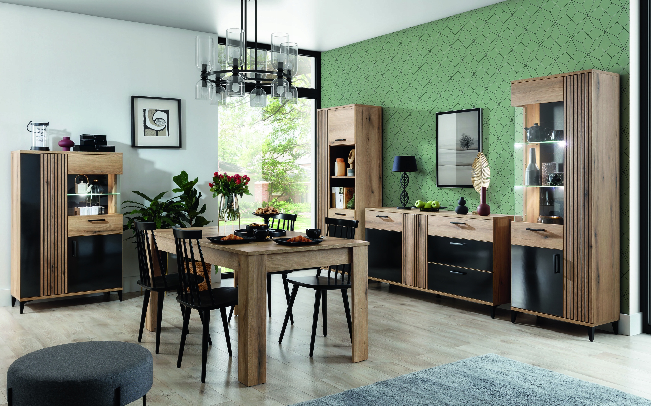 Witryna z lamelami ARIS AS-7/8 prawostronna, dąb evoke, czarne nóżki Głębokość mebla 39 cm