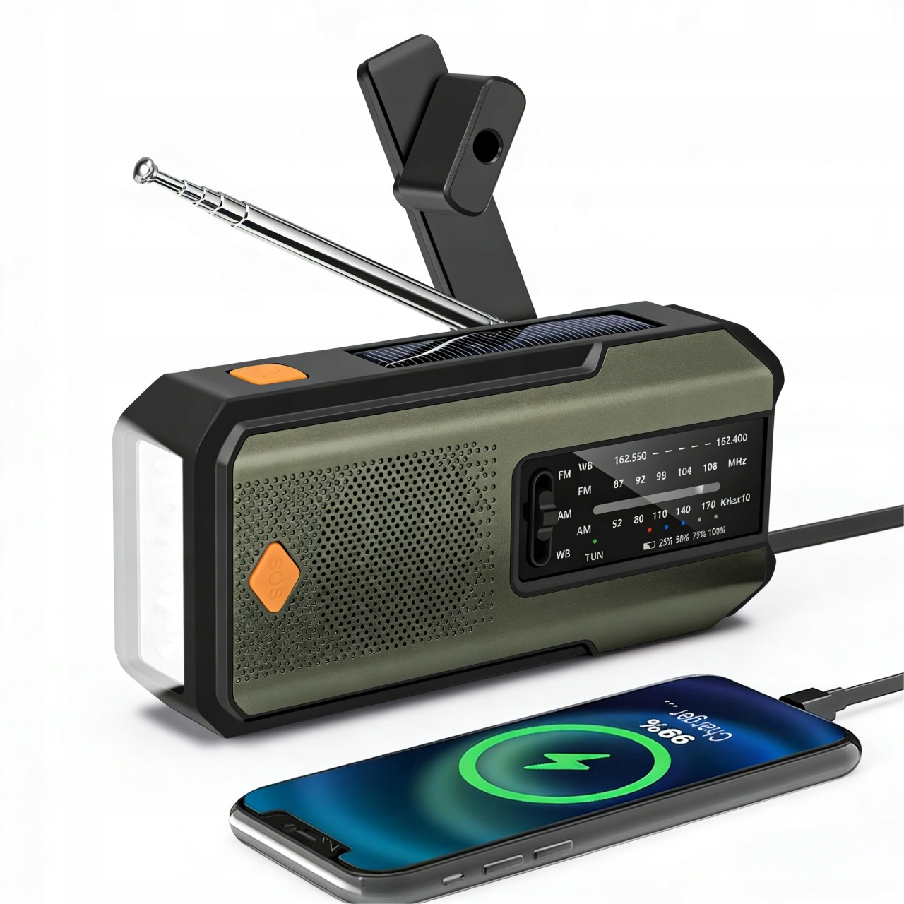 Nouzové rádio s Kličkou, Svítilnou, Dynamo, Usb, Solárním Panelem a Sos Alarmem Turistické