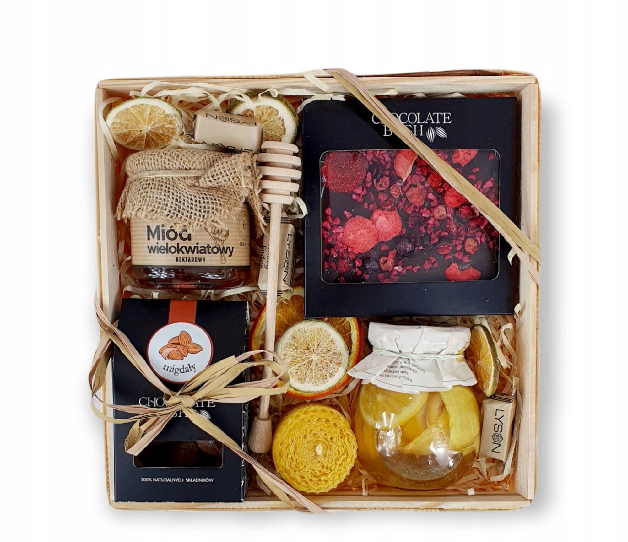 Kosz prezentowy miód czekolada orzechy