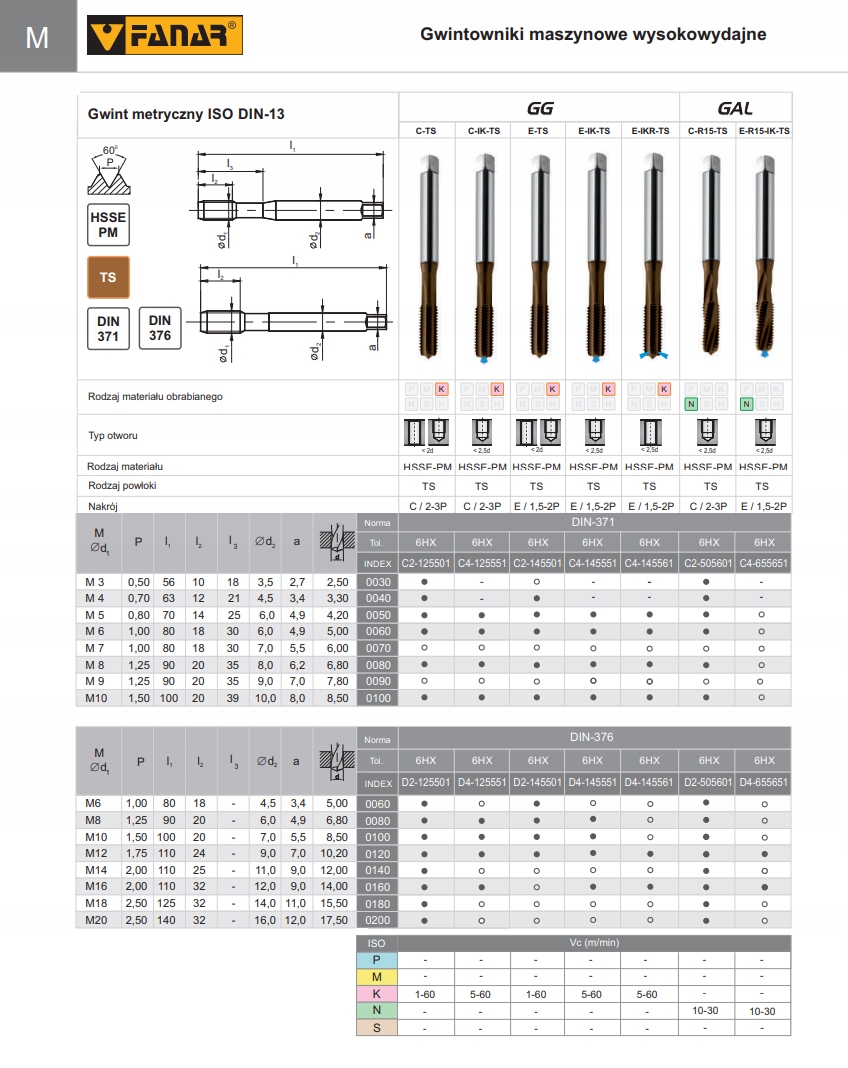 Gwintownik DIN 376-C M16 -6HX S1 GG HSSE PM FANAR Kod producenta D2-125501-0160