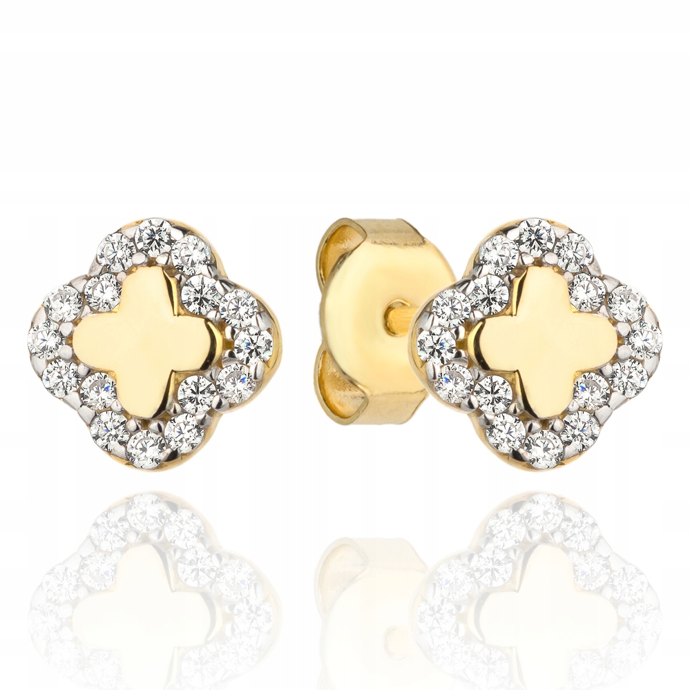 

Złote kolczyki 585 na sztyft koniczynka z cyrkonia