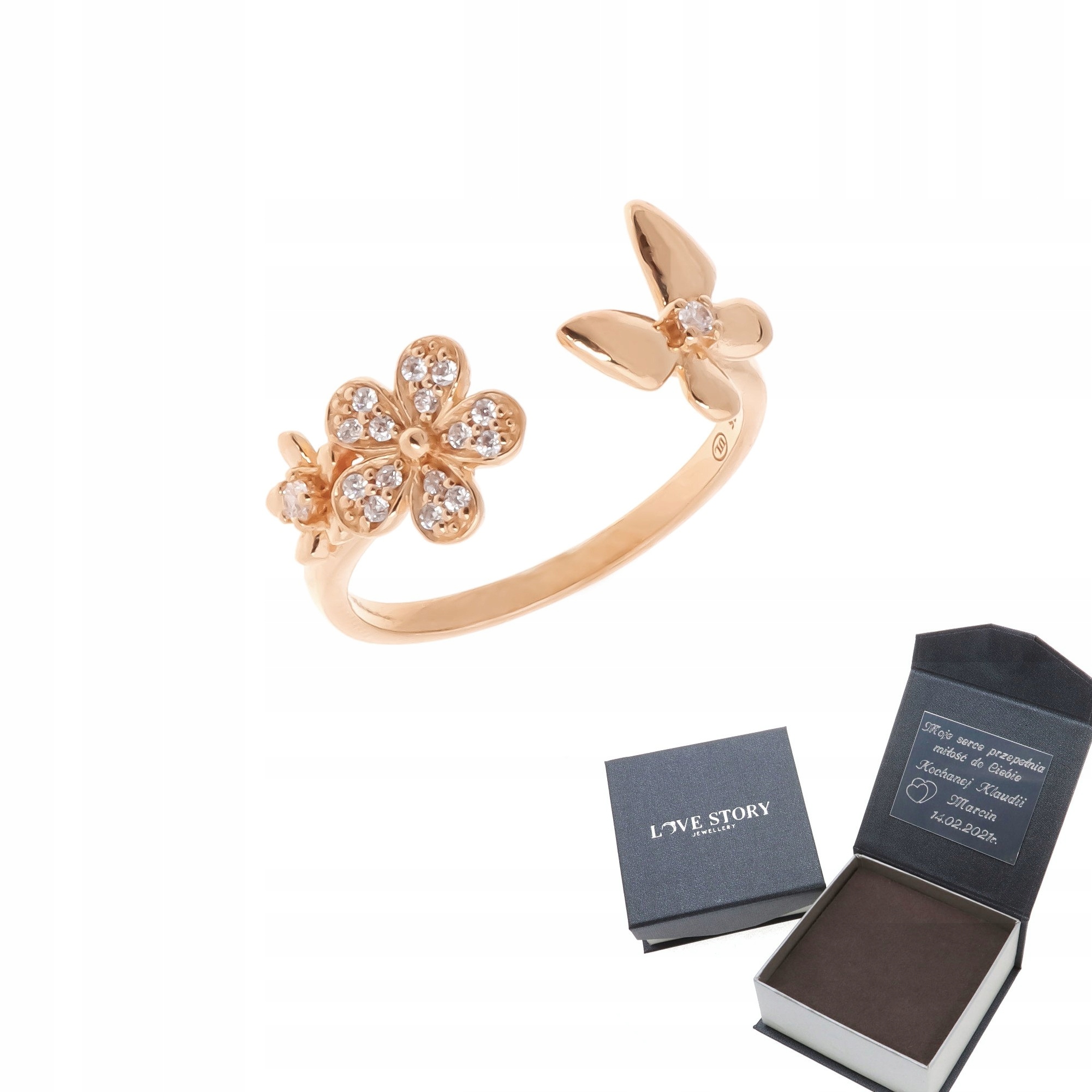 

Pierścionek srebrny złocony kwiat motyl 925