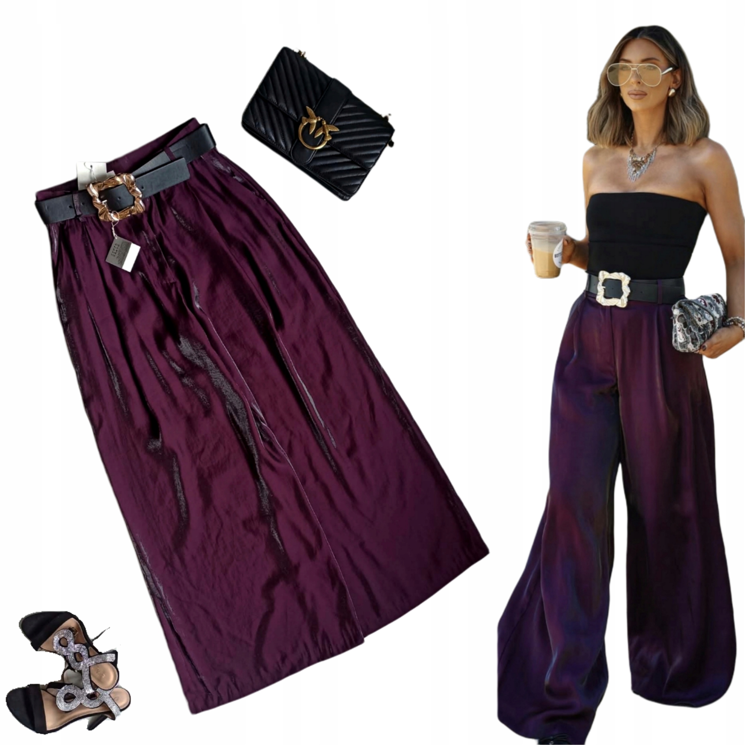 Zara spodnie m 38 wysoki stan pasek szeroka nogawka bakłażan