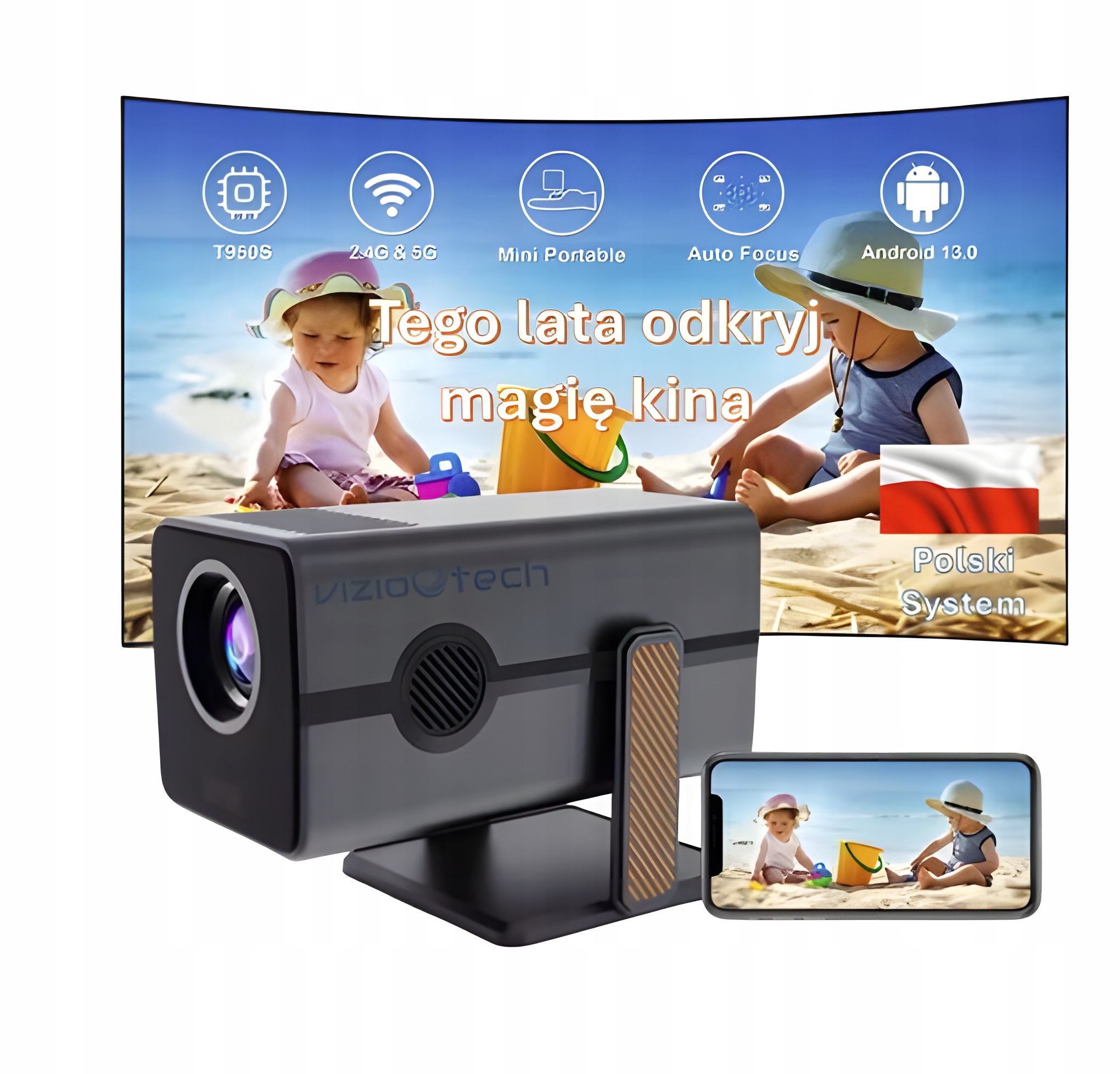 Projektor Rzutnik Android Pl Wifi Mini 4K Przenośny Smart Głośnik Obrotowy