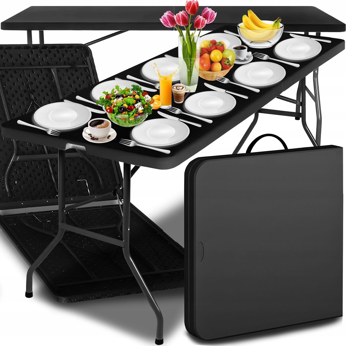 Stół Cateringowy Czarny 180CM Ogrodowy Na Imprezy Składany W Walizkę Kamper