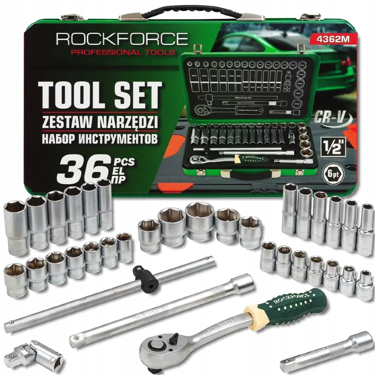 Sada náradia 1/2" nástavcov s adaptérmi a predlžovačkami 36 ks Rockforce
