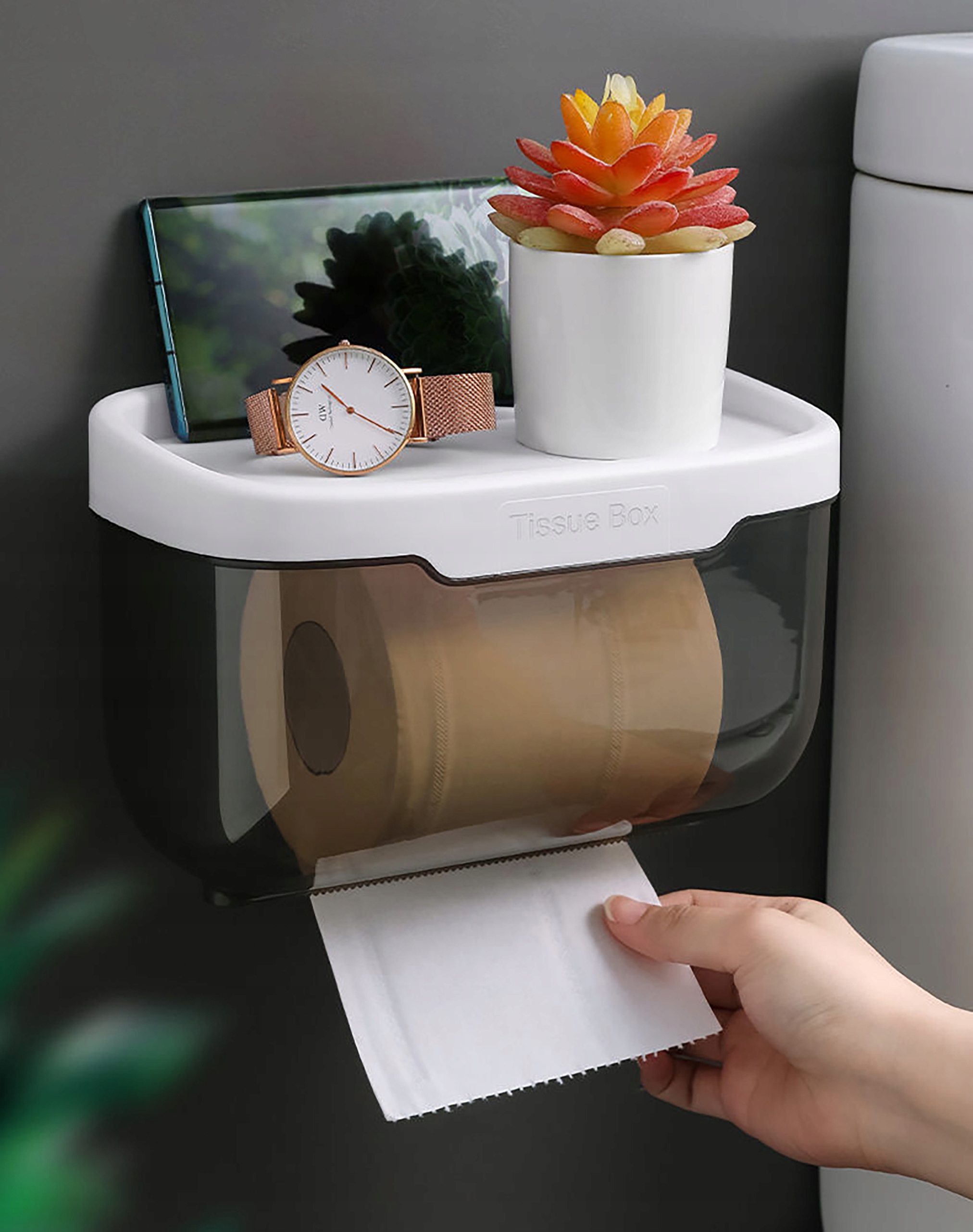 UCHWYT POJEMNIK NA PAPIER TOALETOWY NA CHUSTECZKI PÓŁKA do WC NA TELEFON Szerokość produktu 15.5 cm