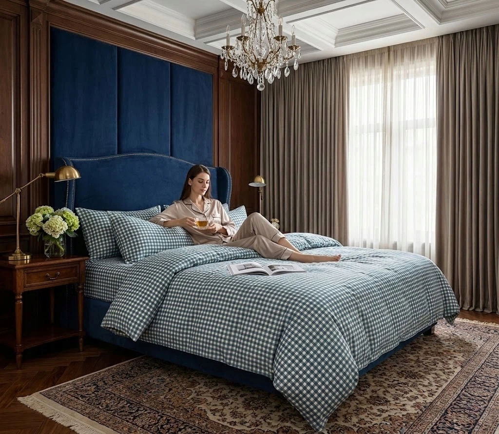 3dílná sada povlečení na peřinu ze 100% bavlny s modrozeleným kostkovaným vzorem do ložnice 160×200 cm