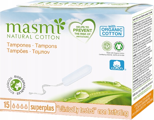 Masmi, organiczne tampony bez aplikatora, 100% bawełny organicznej, SUPER+