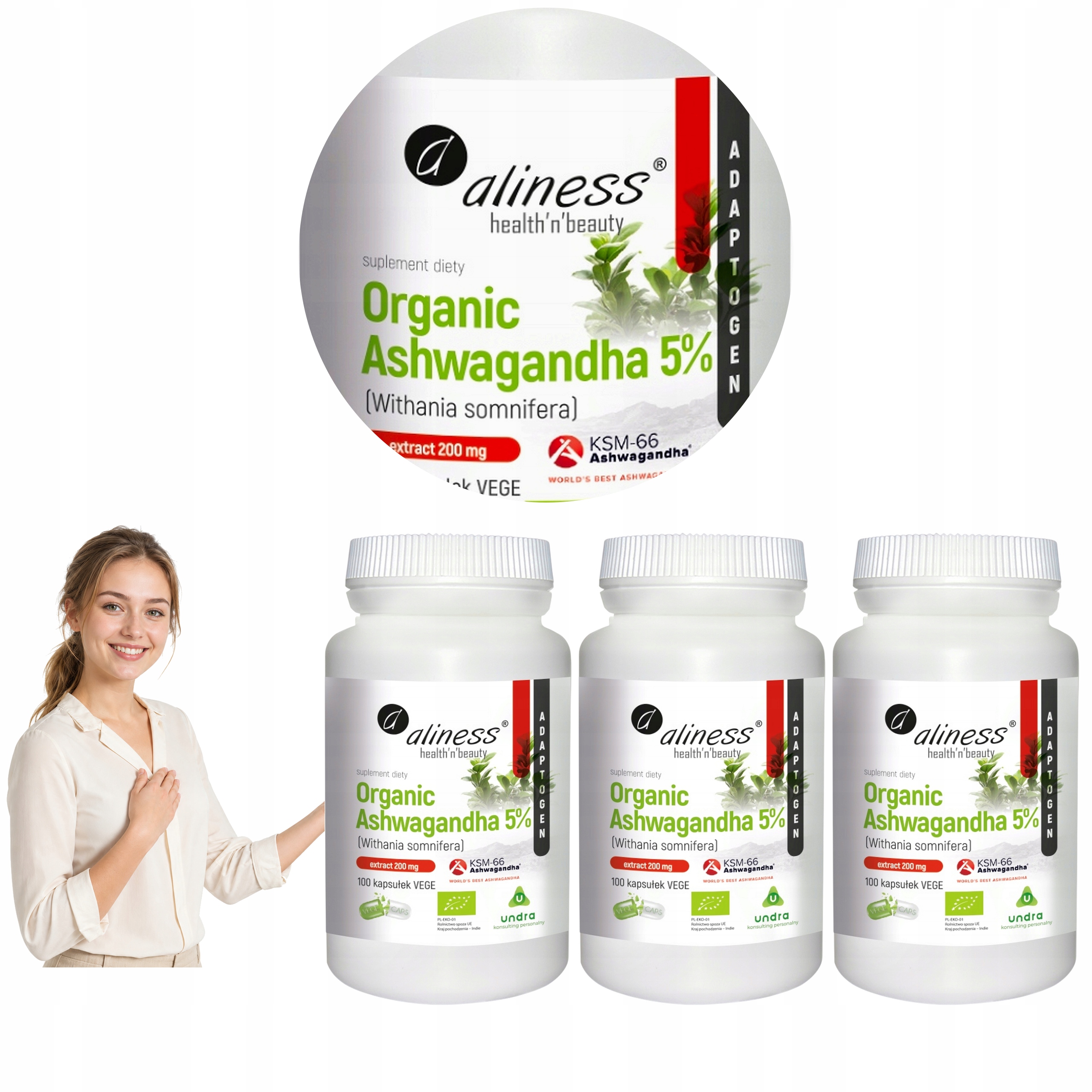 3x Ashwagandha KSM-66 Aliness 200mg Organic Ekstrakt 5% Witanolidów 100K