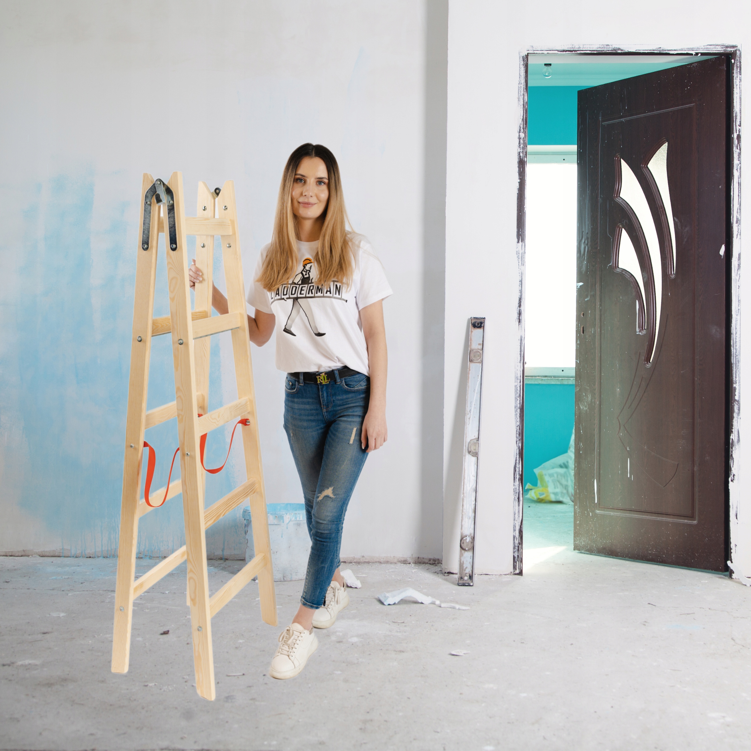 Drabina rozstawna drewniana malarska 2x5 150kg 3,05m + hak LADDERMAN Kod producenta 2x5D