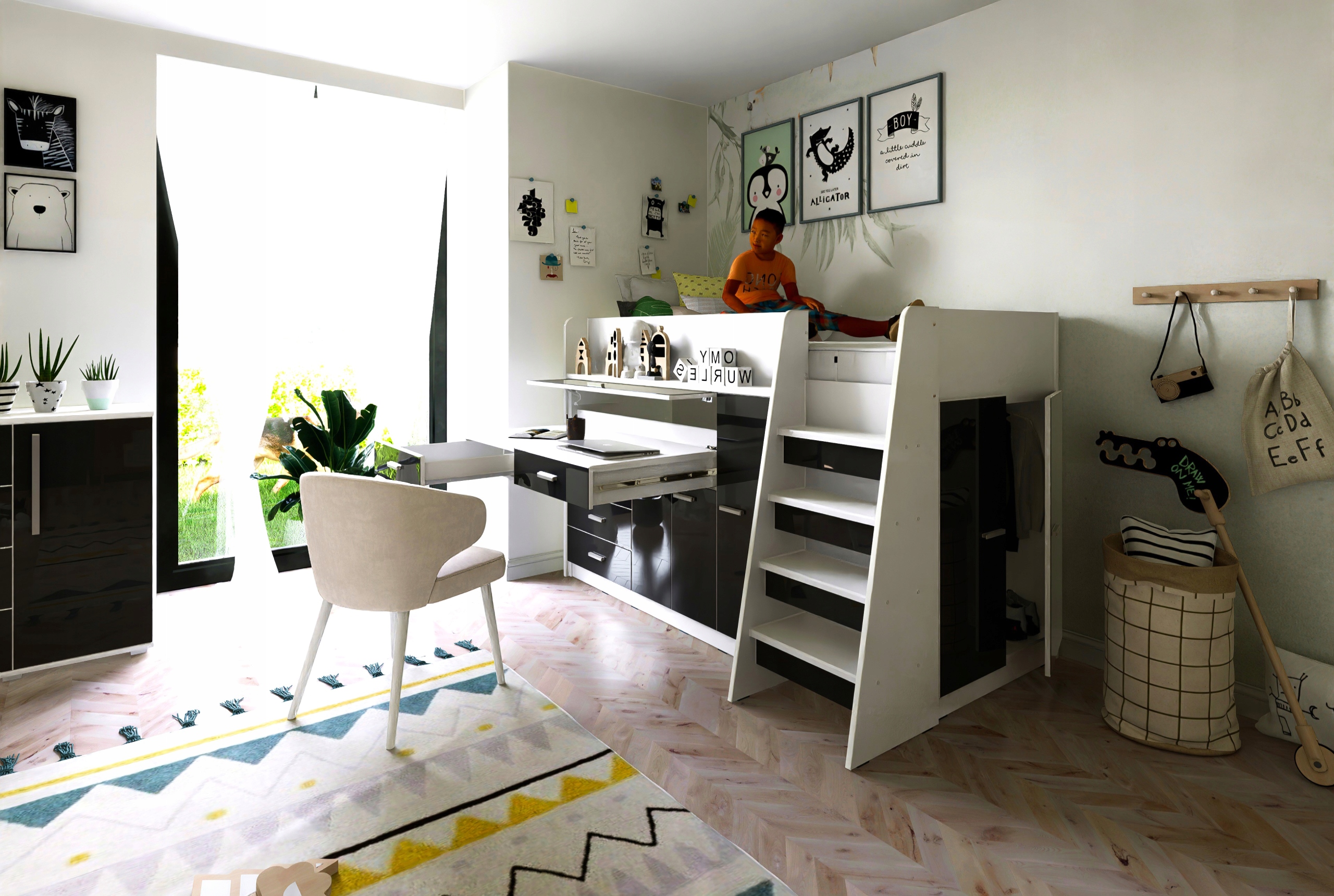 Łóżko piętrowe JSM1 antresola z biurkiem i szafą czarny połysk Kod producenta JSM1