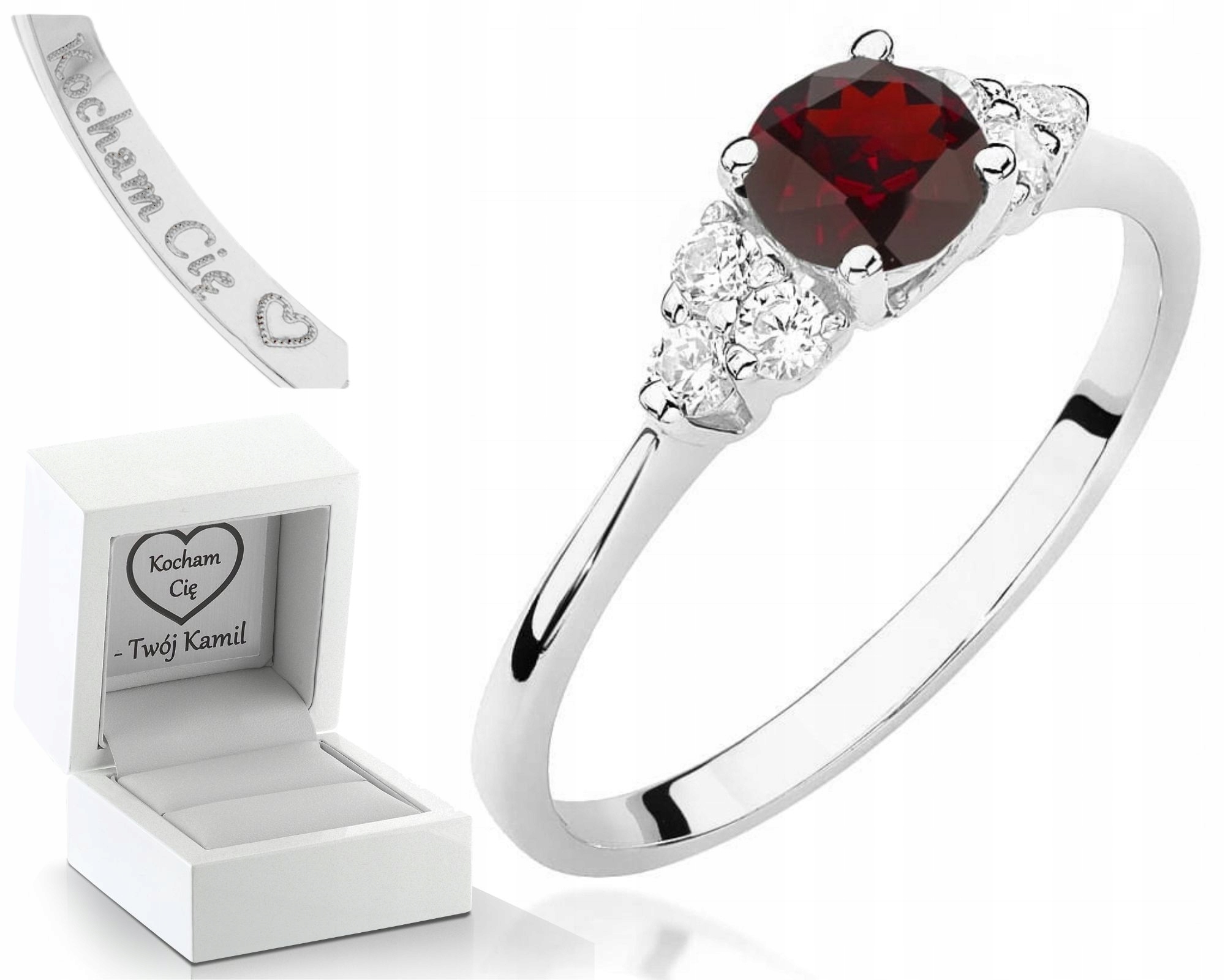 Bílé Zlato Prstýnek S Granátem A Diamanty Gravírování Bonus 585