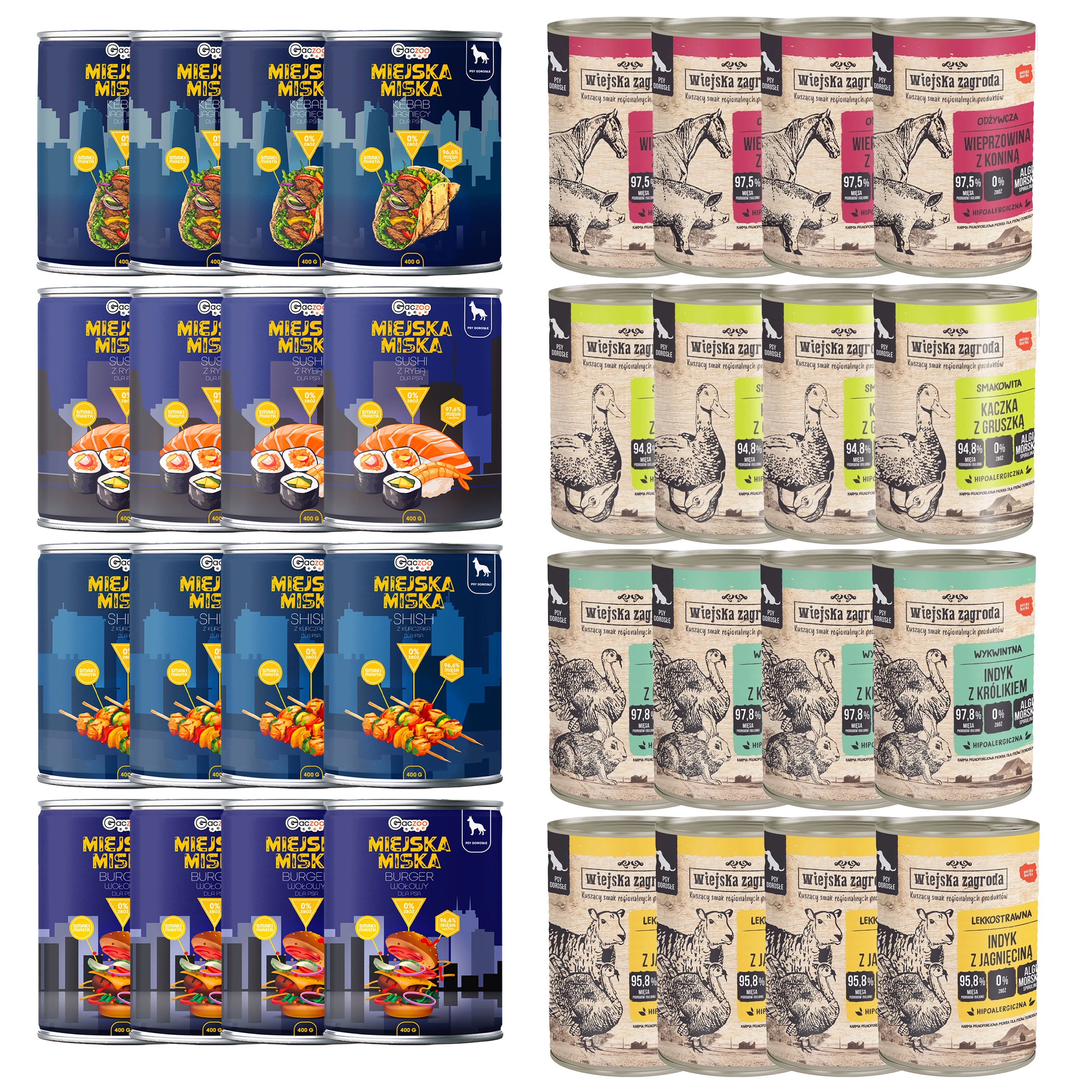 Levně Wiejska Zagroda Městská miska Gaczoo Krmivo pro mokré psy mix chutí 32 x 400 g