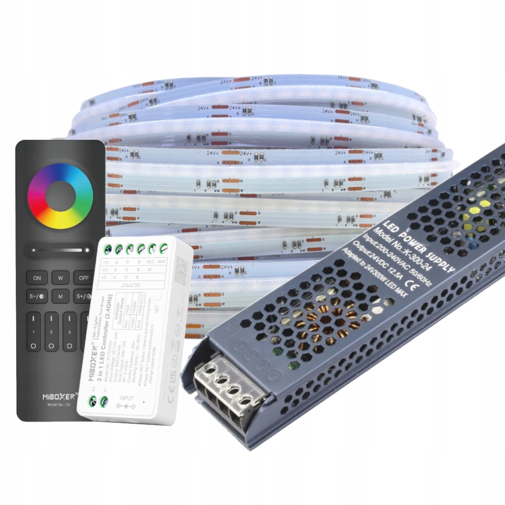 Zestaw Taśma Led Cob 10m Rgbcct 5w1 22W/m 840D 24V Sterownik Pilot Zasilacz