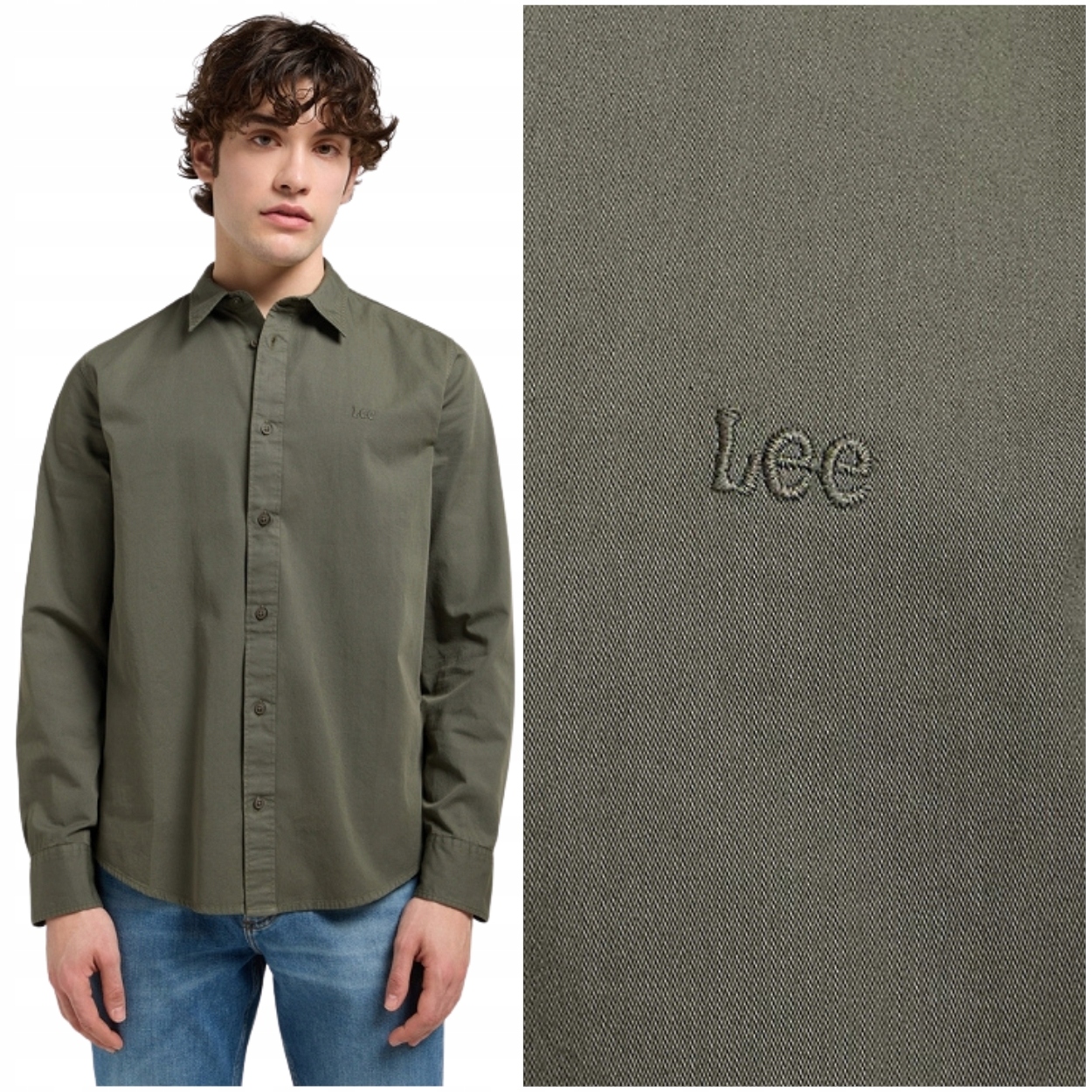 Lee Patch Shirt Olive Gray zelená pánská bavlněná košile s malým logem M