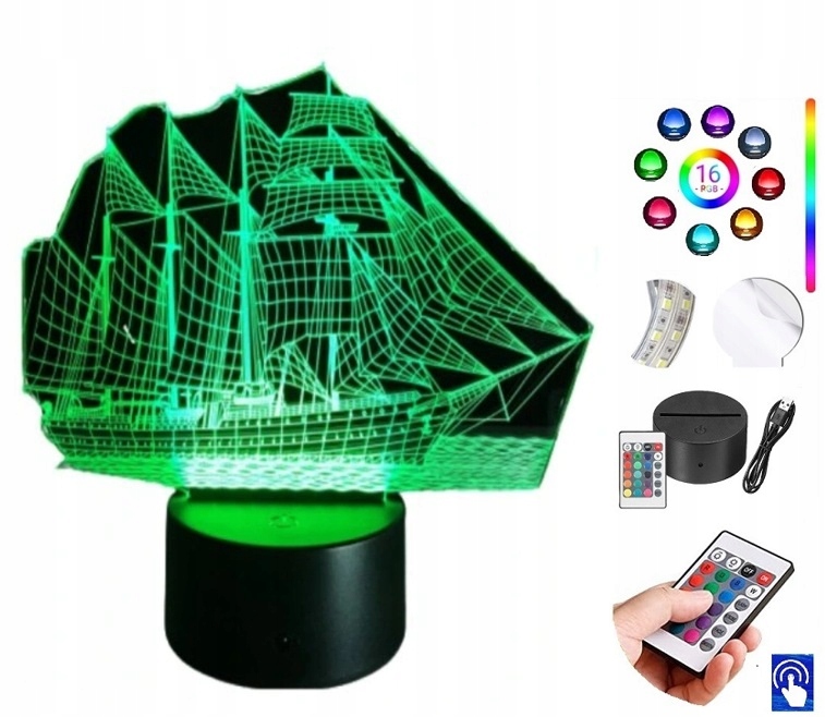 Lampka na biurko Statuetka Led Statek w Butelce 16 Kolorów Grawer PLEXIDO