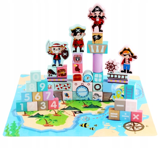 DUŻE DREWNIANE KLOCKI PIRACI PUZZLE WIADERKO