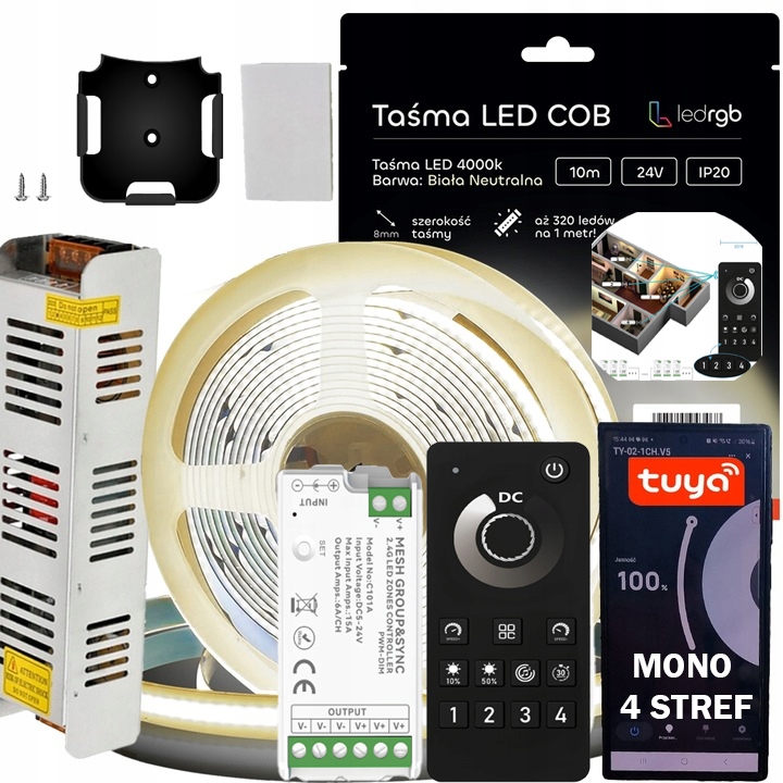 Sada Led pásků Cob 24V 10 m Bílá N. 4000K Napájecí Zdroj Tuya Wifi Zóny Dálkový Ovladač