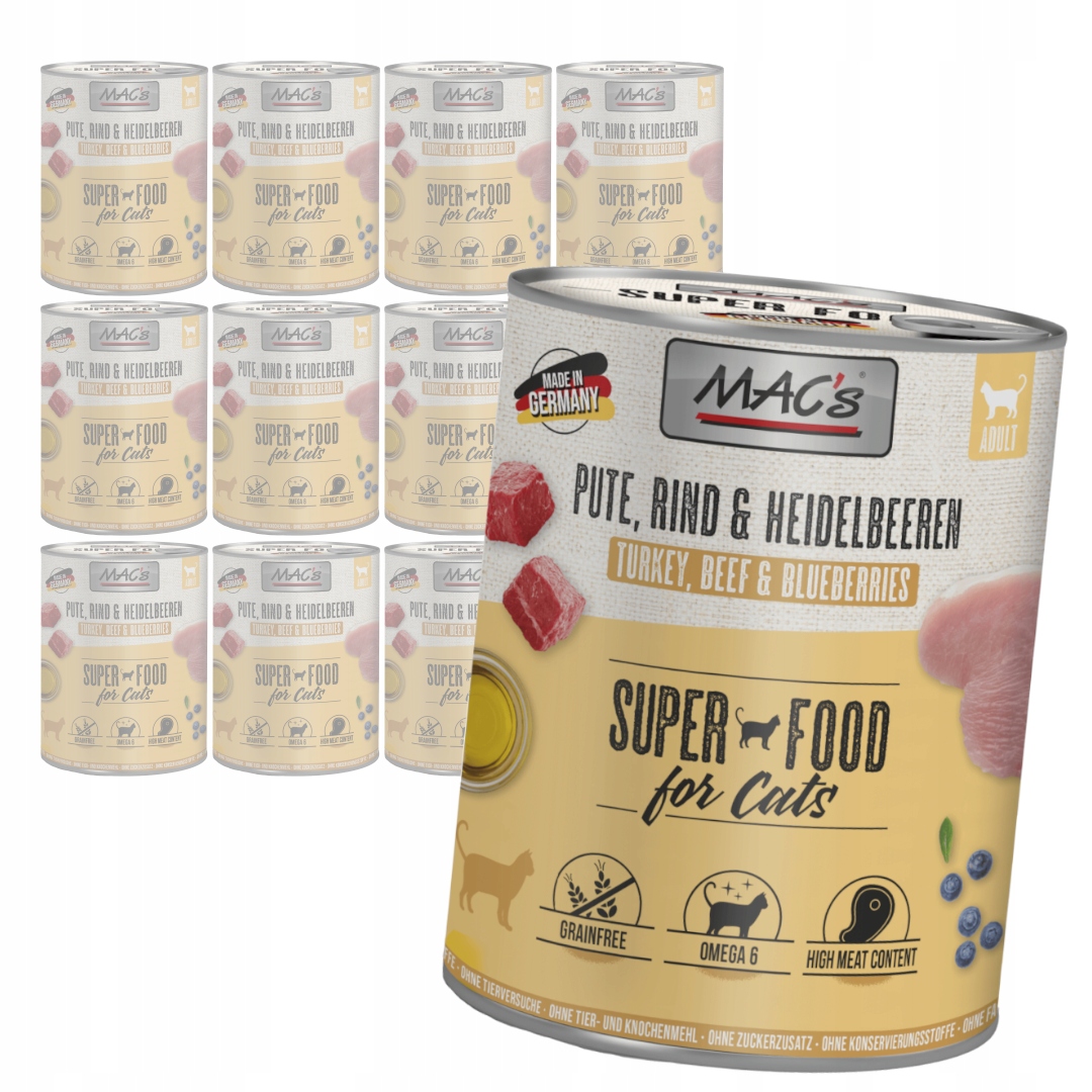 Levně MAC's 12x800g bezobilné Mokré Krmivo Pro Kočky Krůta s borůvkami