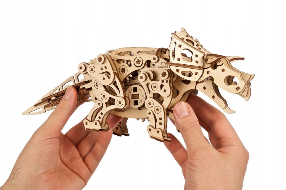 Dinozaur Triceratops Ugears drewniany model 3d gratis próbka kawy 50g Materiał drewno metal