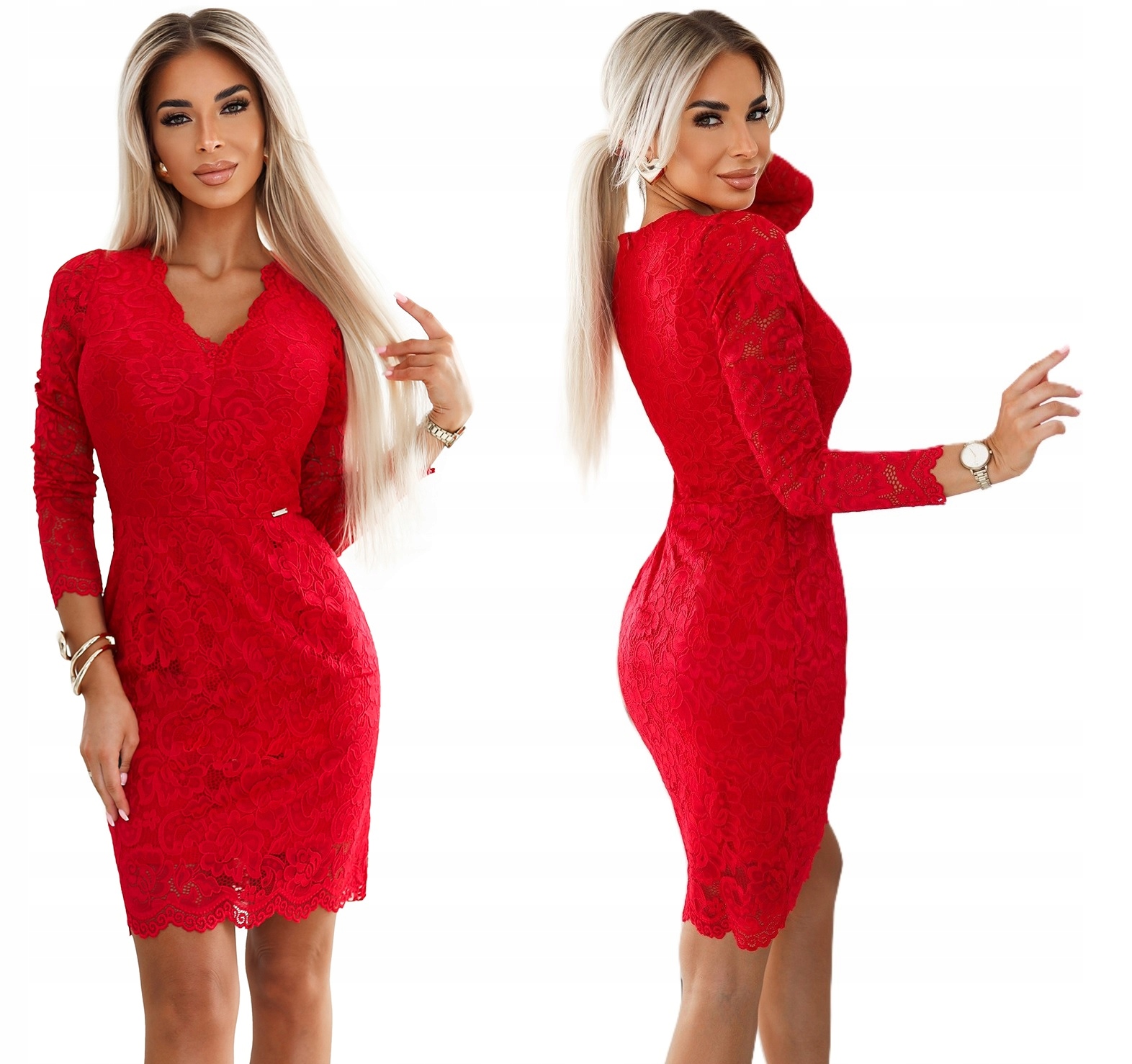 Jednoduché Krajkové Šaty Pro Různé Příležitosti S Dlouhým Rukávem, Červená Barva