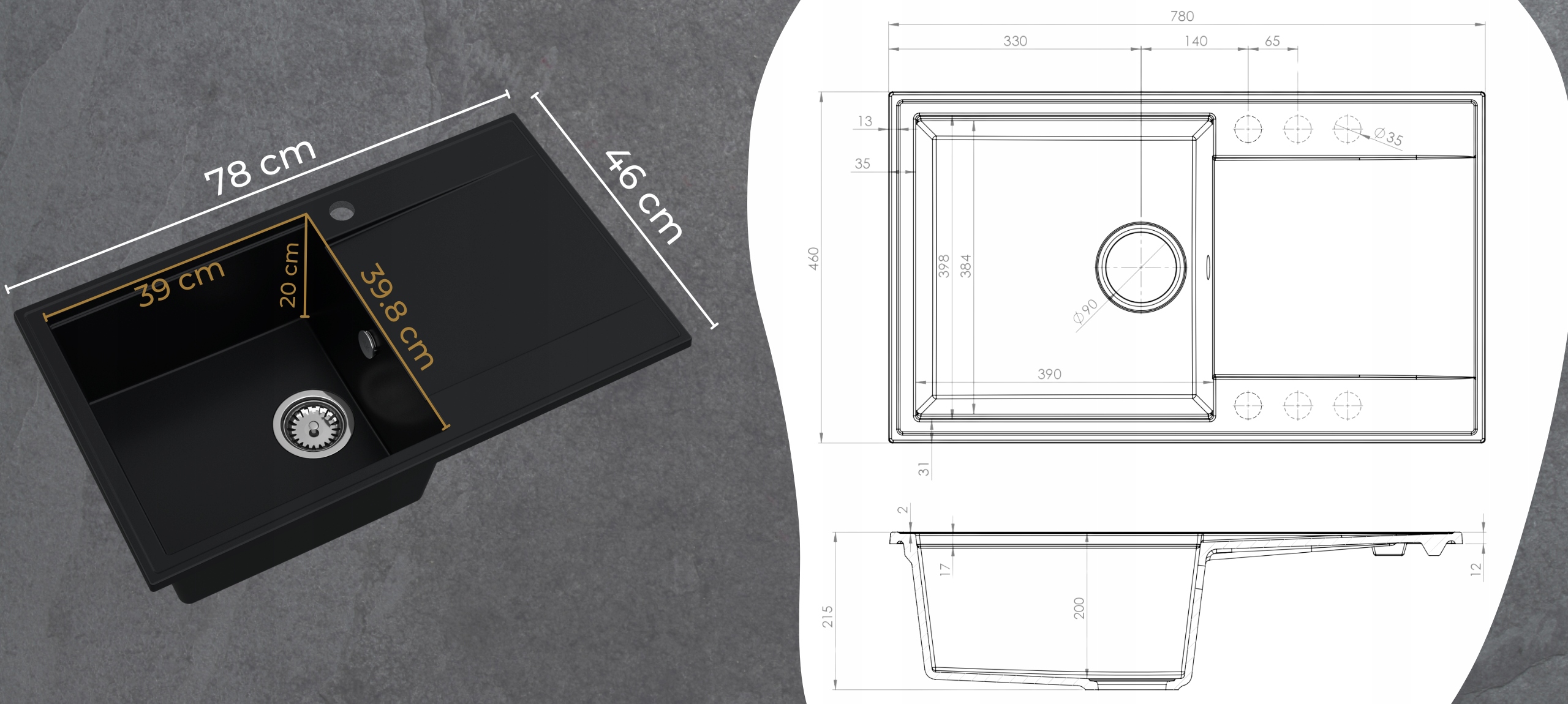 ZLEWOZMYWAK jednokomorowy GRANITOWY czarny bateria dlugi ociekacz SYFON 9w1 Minimalna szerokość podbudowy 60 cm