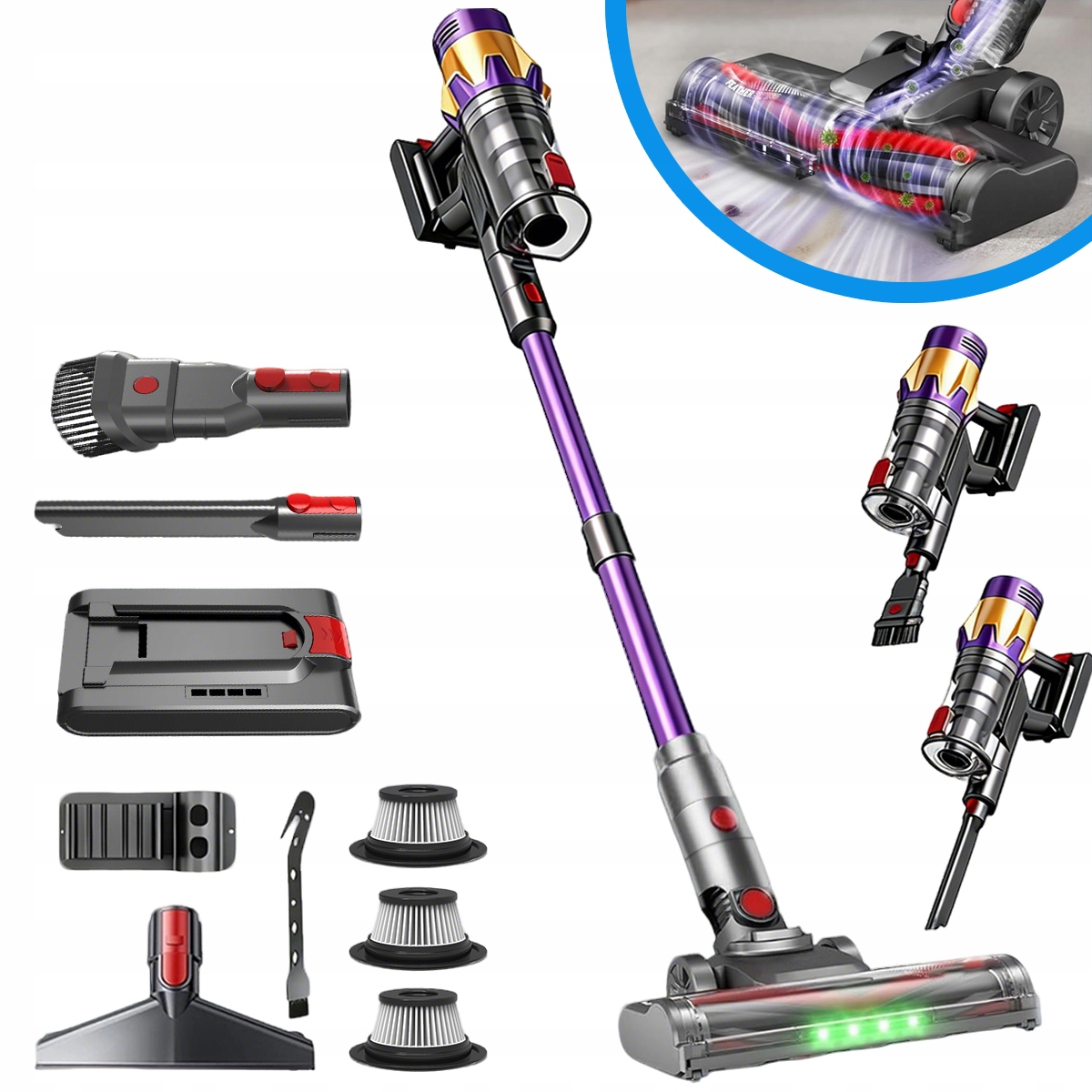 Odkurzacz Bezprzewodowy Pionowy Ręczny Mocny Elektroszczotka Led