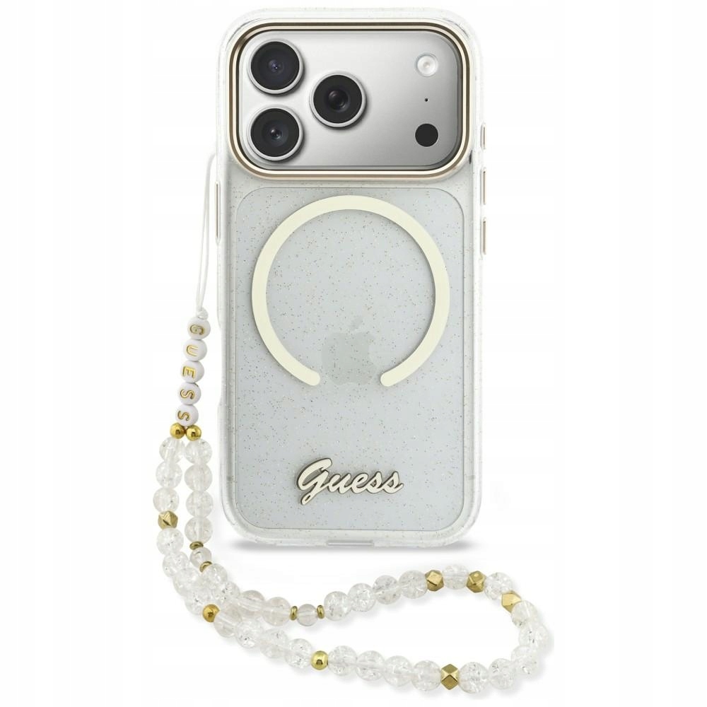 Pouzdro Guess IML Glitters Script Strap MagSafe pro iPhone 17 Pro transparentní