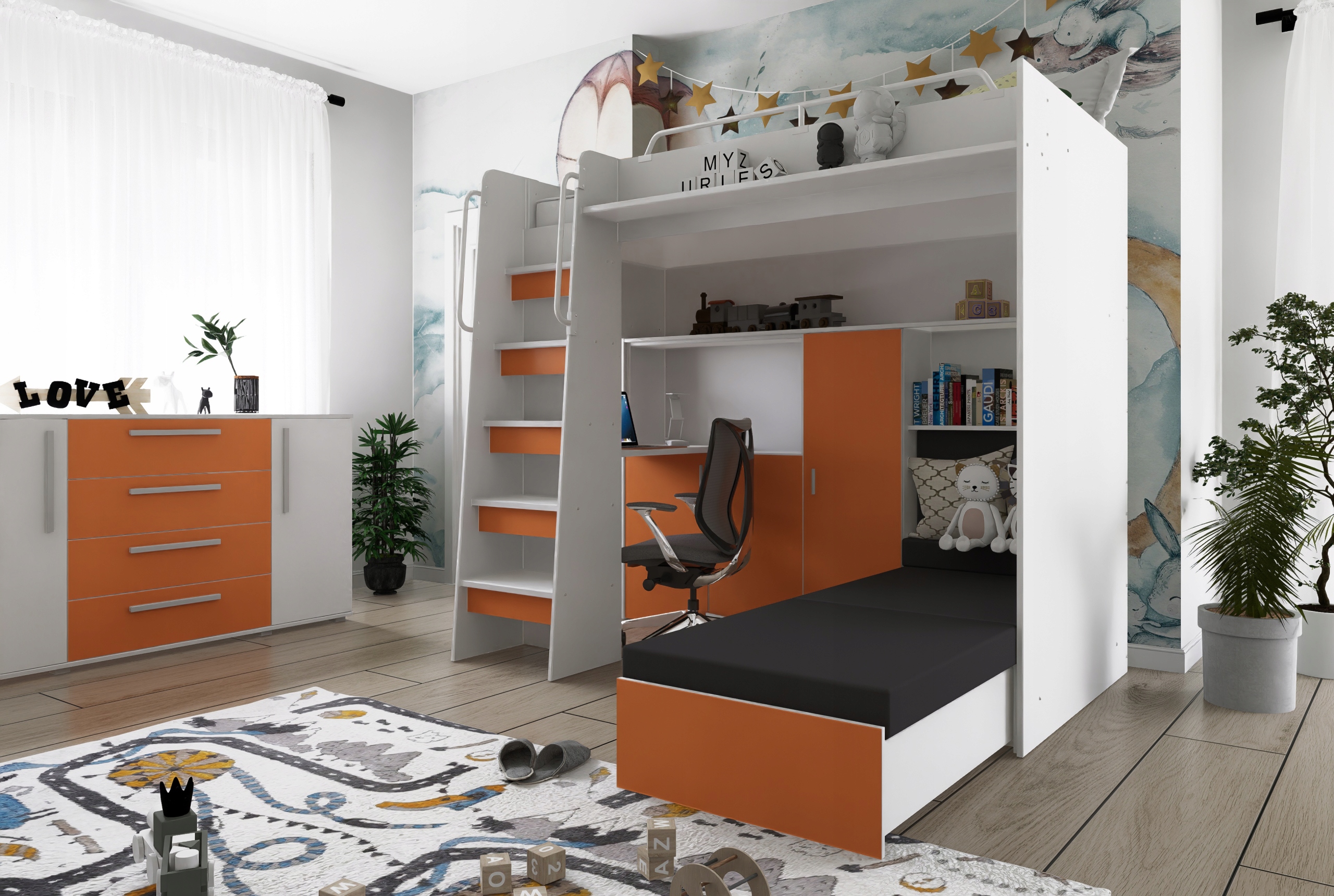 Łóżko piętrowe JSM7 z sofą i biurkiem turkusowy mat Typ łóżko piętrowe