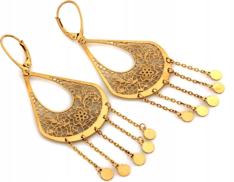 Zlaté náušnice 585 složité ažurové dlouhé řetízky elegantní vzor jako dárek