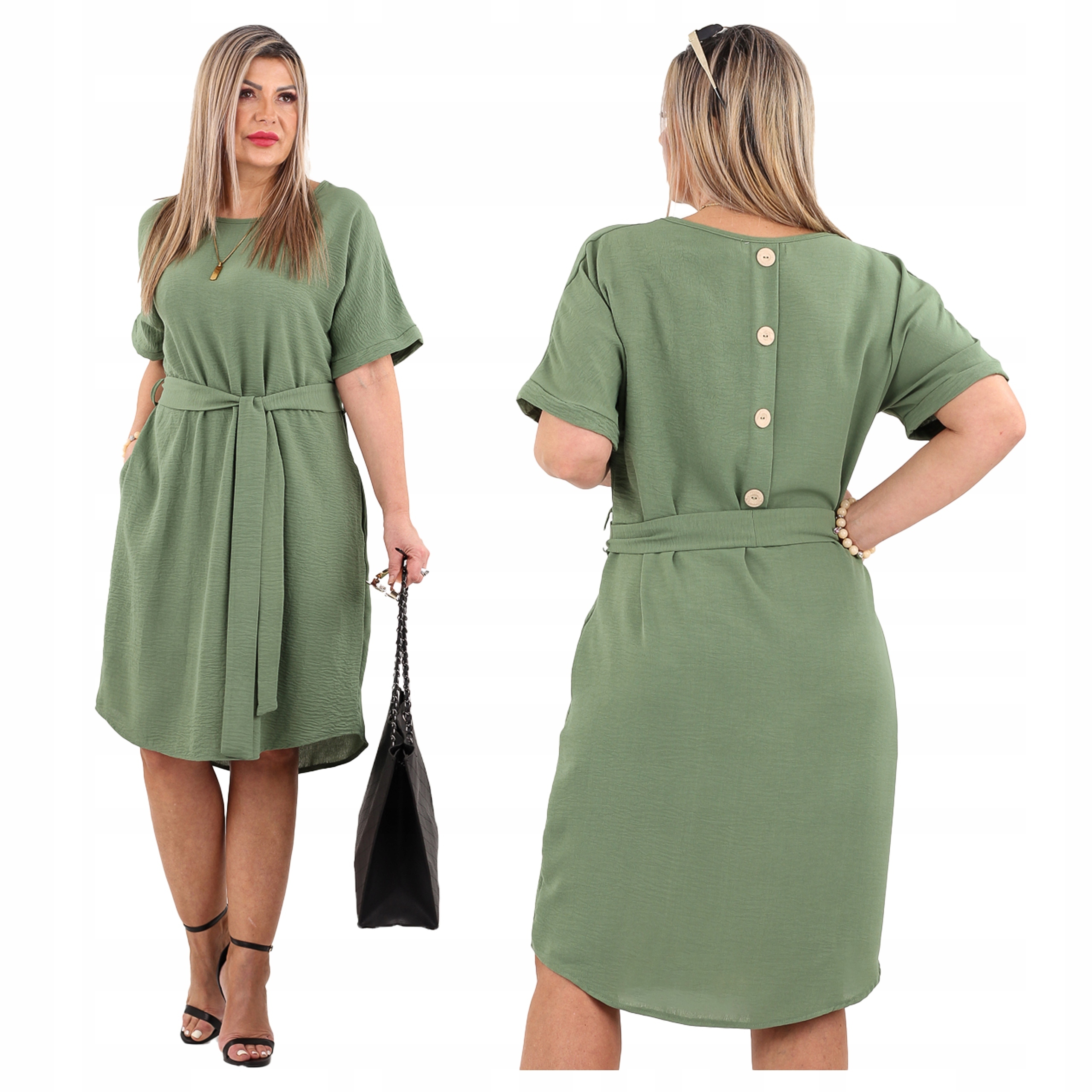 Luźna Sukienka Z Wiązaniem Duże Rozmiary Polski Producent Z Guzikami Z Tyłu