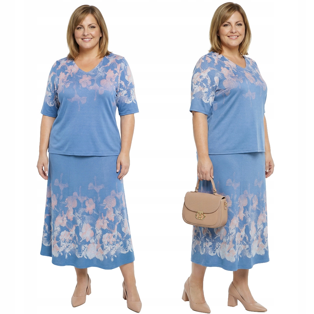 Světle modrý komplet s růžovými květy plus size velikost 52