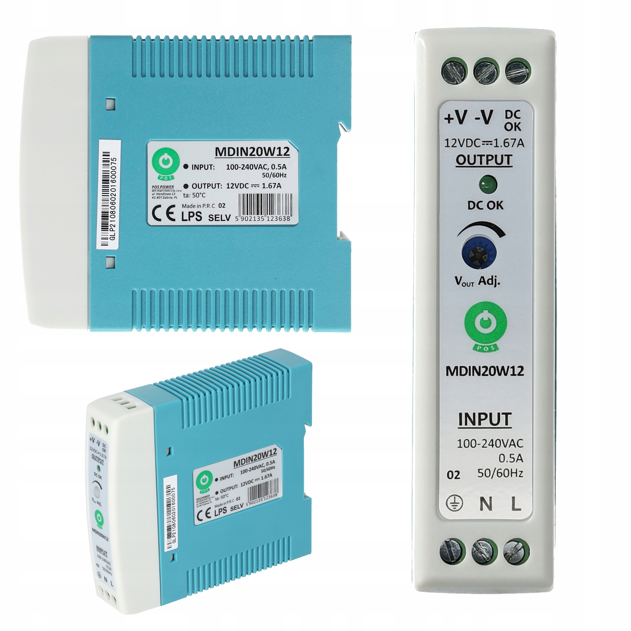 Zasilacz taśm LED na szynę DIN TH35 1,67A 20W 12V