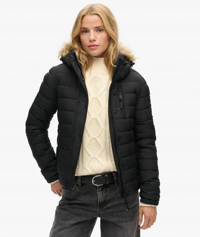 Superdr* Prošívaná Bunda Černá S Kožešinou Kzm M