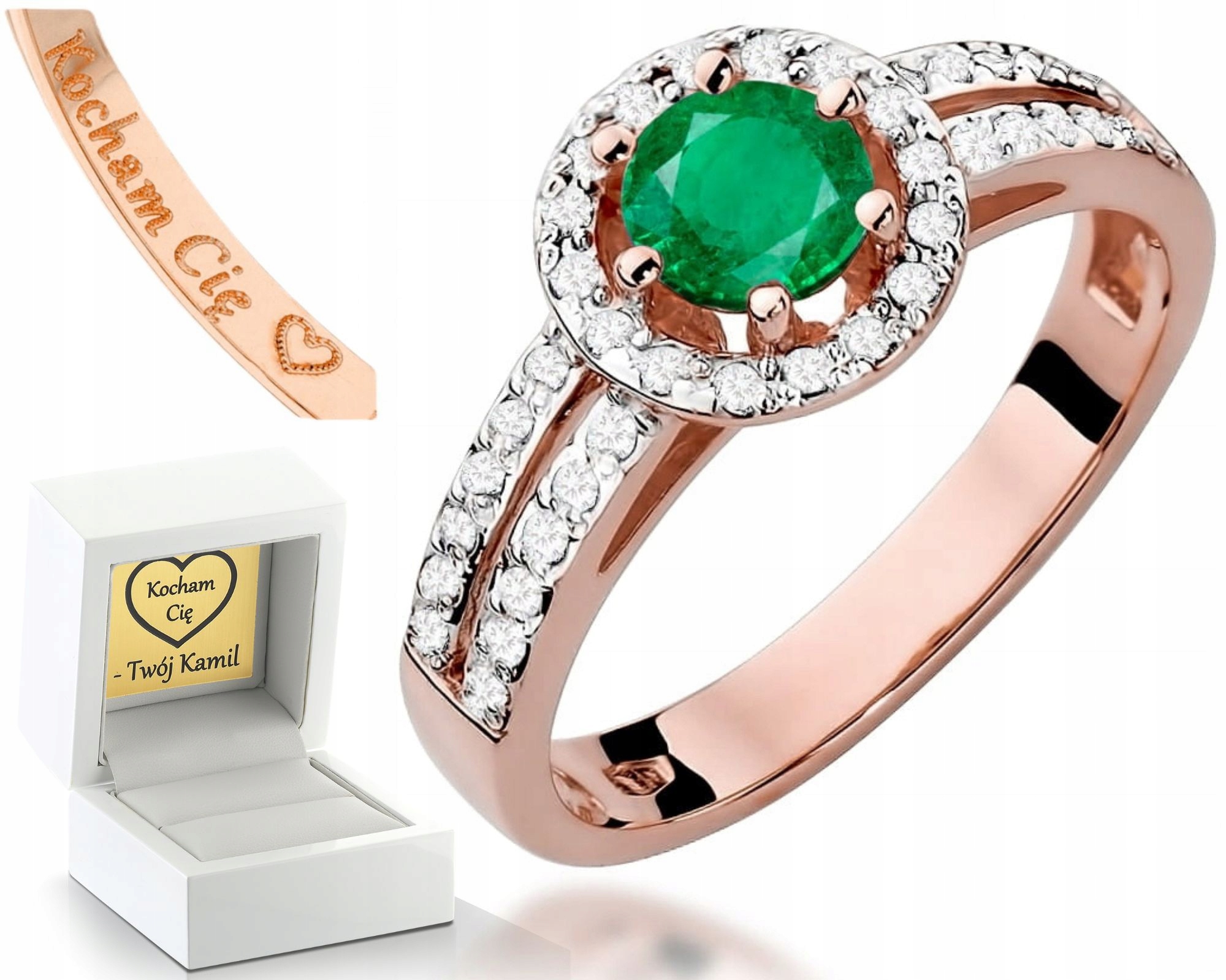Prstýnek Prsten Smaragd Diamanty Růžové Gravírování 585 Gravírování Bonus