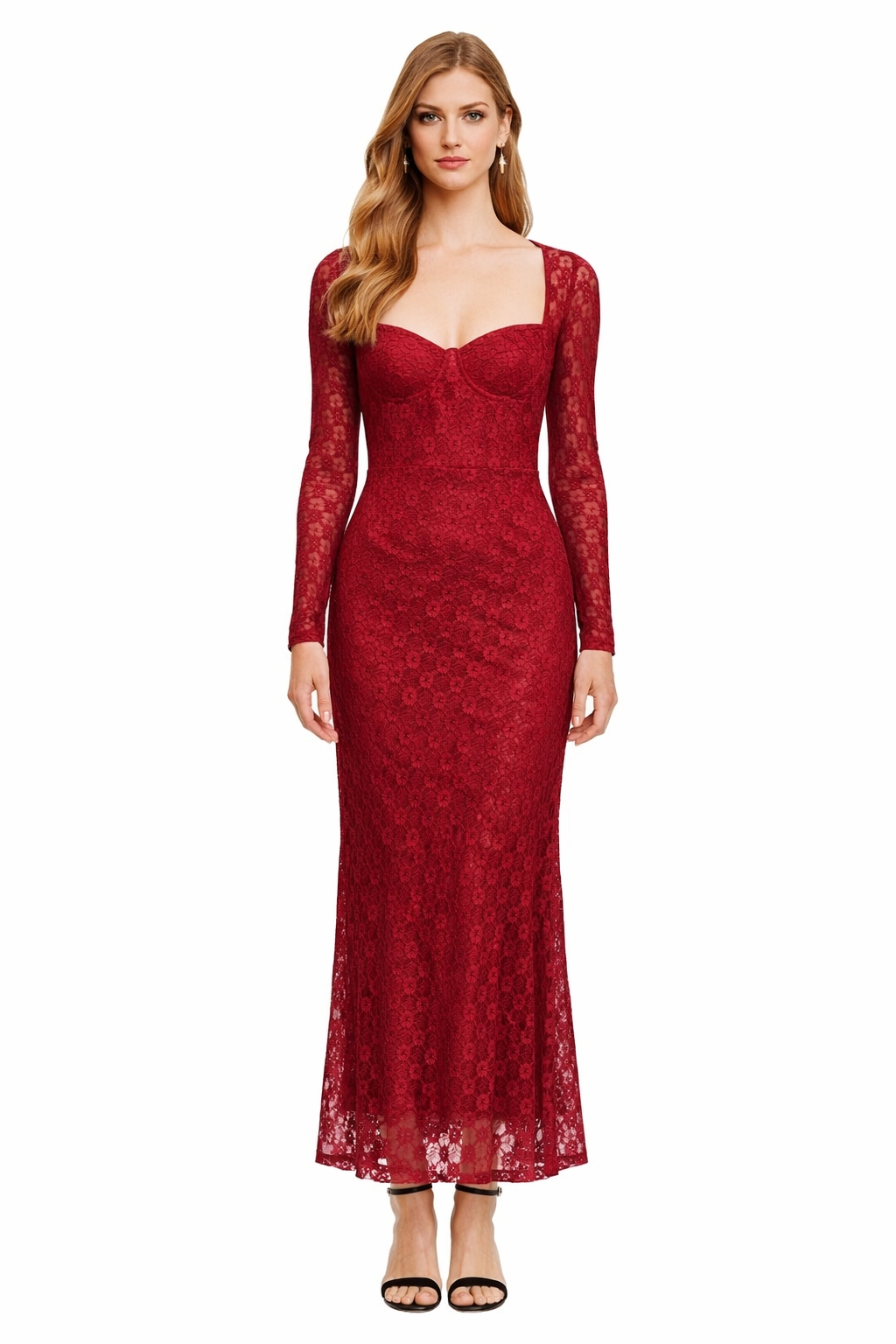 Bardot Dlouhá Šaty Se Síťovanými Rukávy Červená 36 I4C