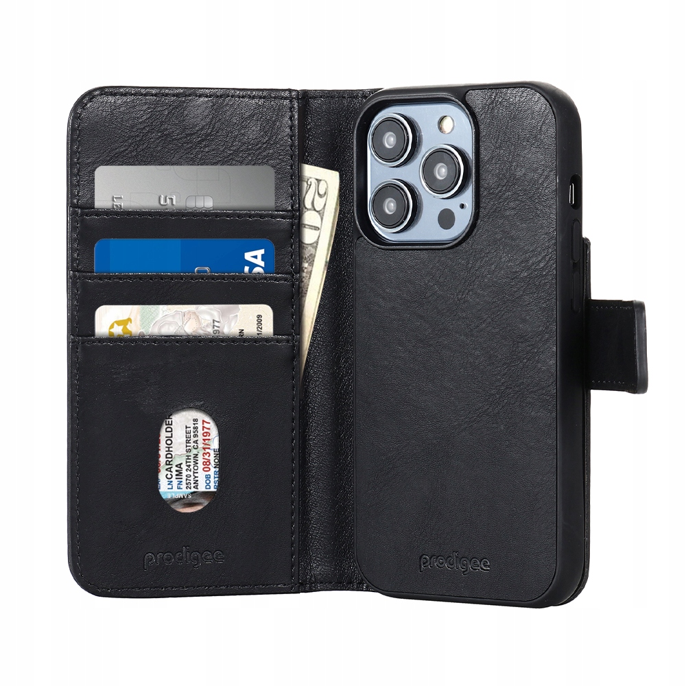 ProdiGee Etui Portfel 2 w 1 iPhone 15 Pro, Czarne +MagSafe