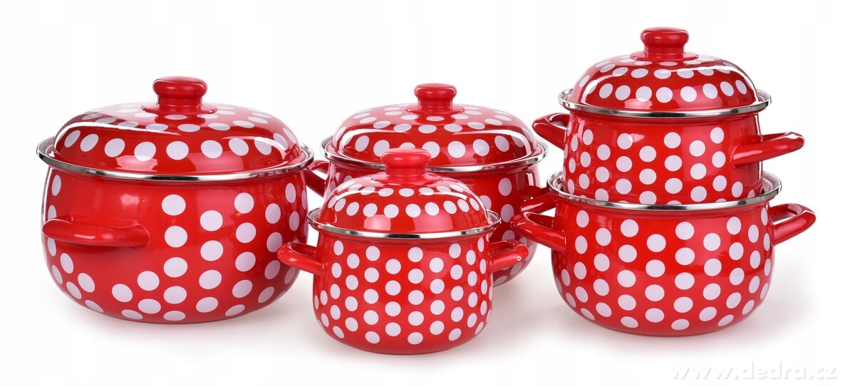 Dedra 10 dílná sada smaltovaných silnostěnných hrnců s poklicemi, červené s