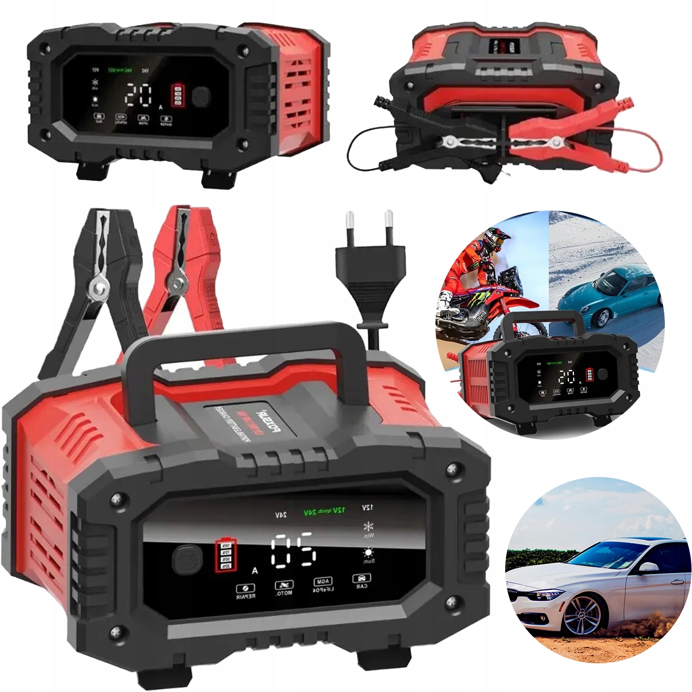Silná Nabíjačka Pre Akumulátor 20A 12V/24V Usmerňovač LCD