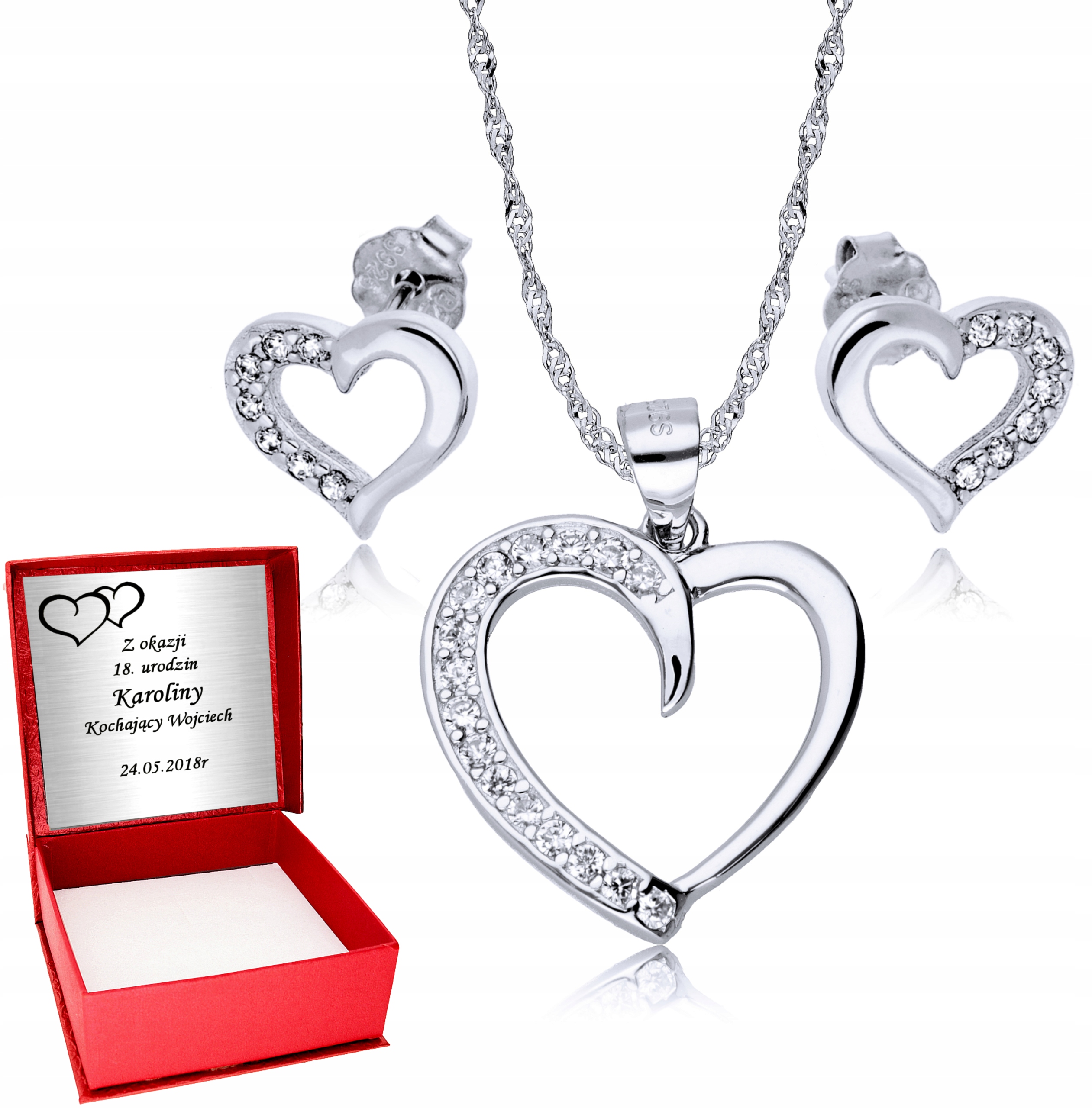 

Srebrny Łańcuszek 925 Serce Kolczyki Grawer