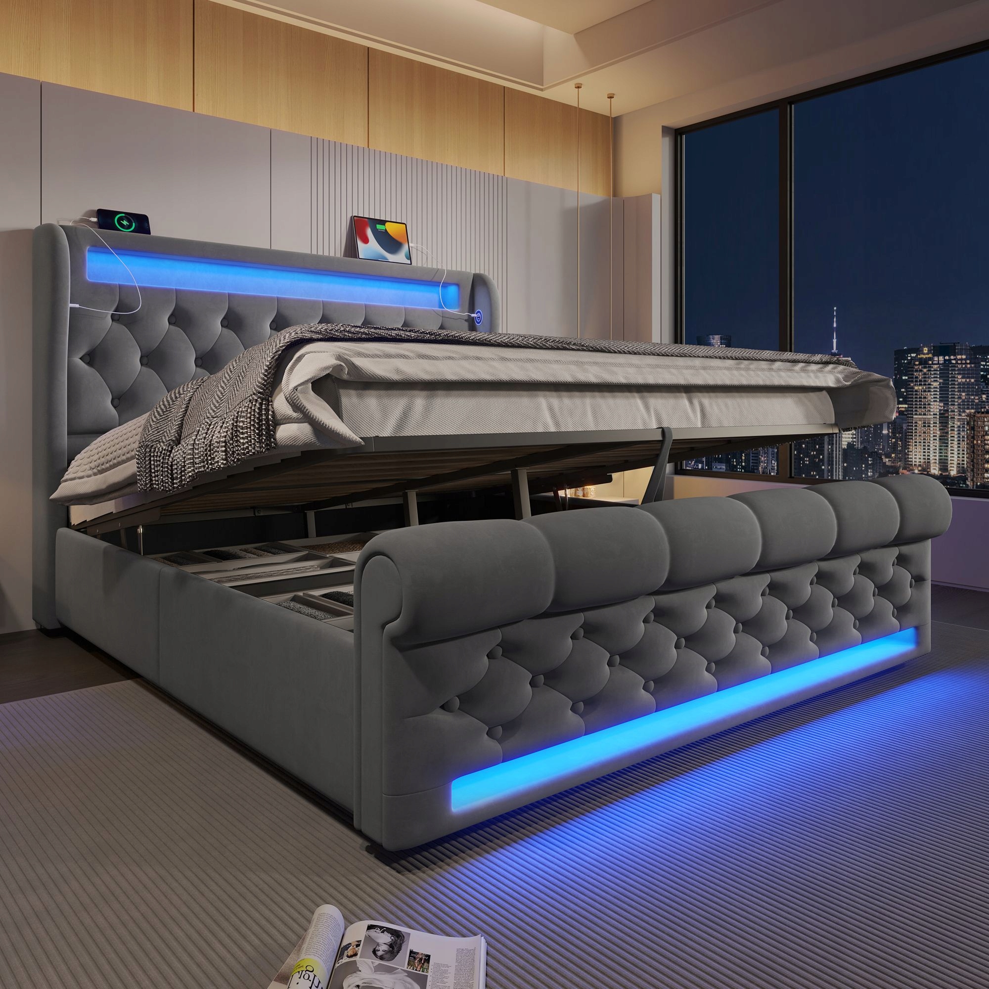 Čalouněná postel Jednolůžko Usb typu C Led 160 x 200 cm Šedá
