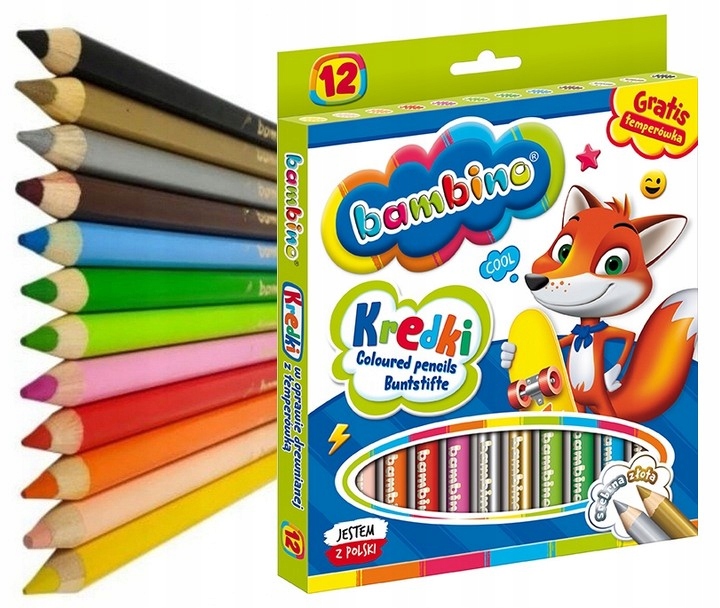 BAMBINO GRUBE KREDKI OŁÓWKOWE 12 KOLORÓW + gratis temperówka