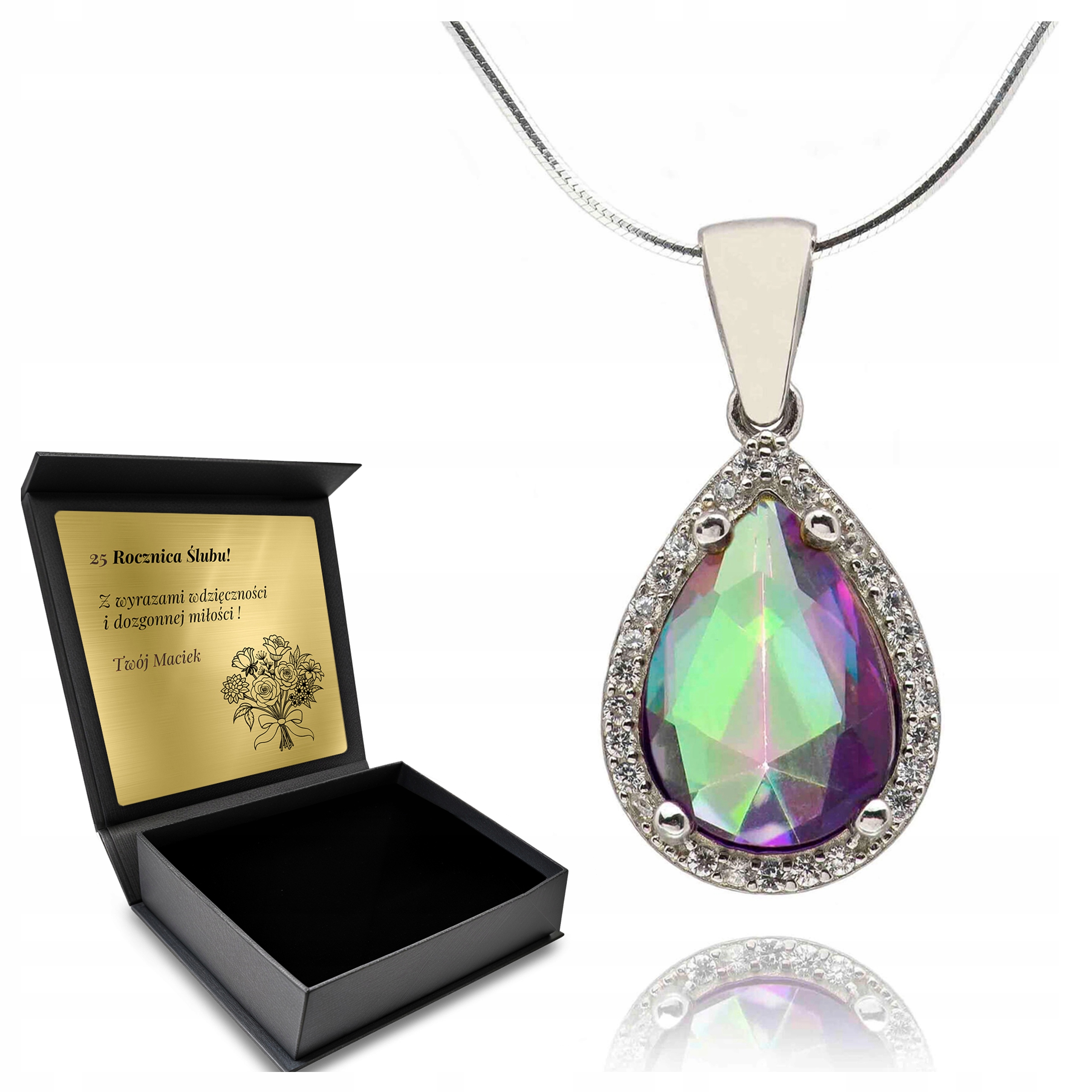 Stříbrný Náhrdelník 925 Zirkony A Topaz Dárek pro ženu Gravírování